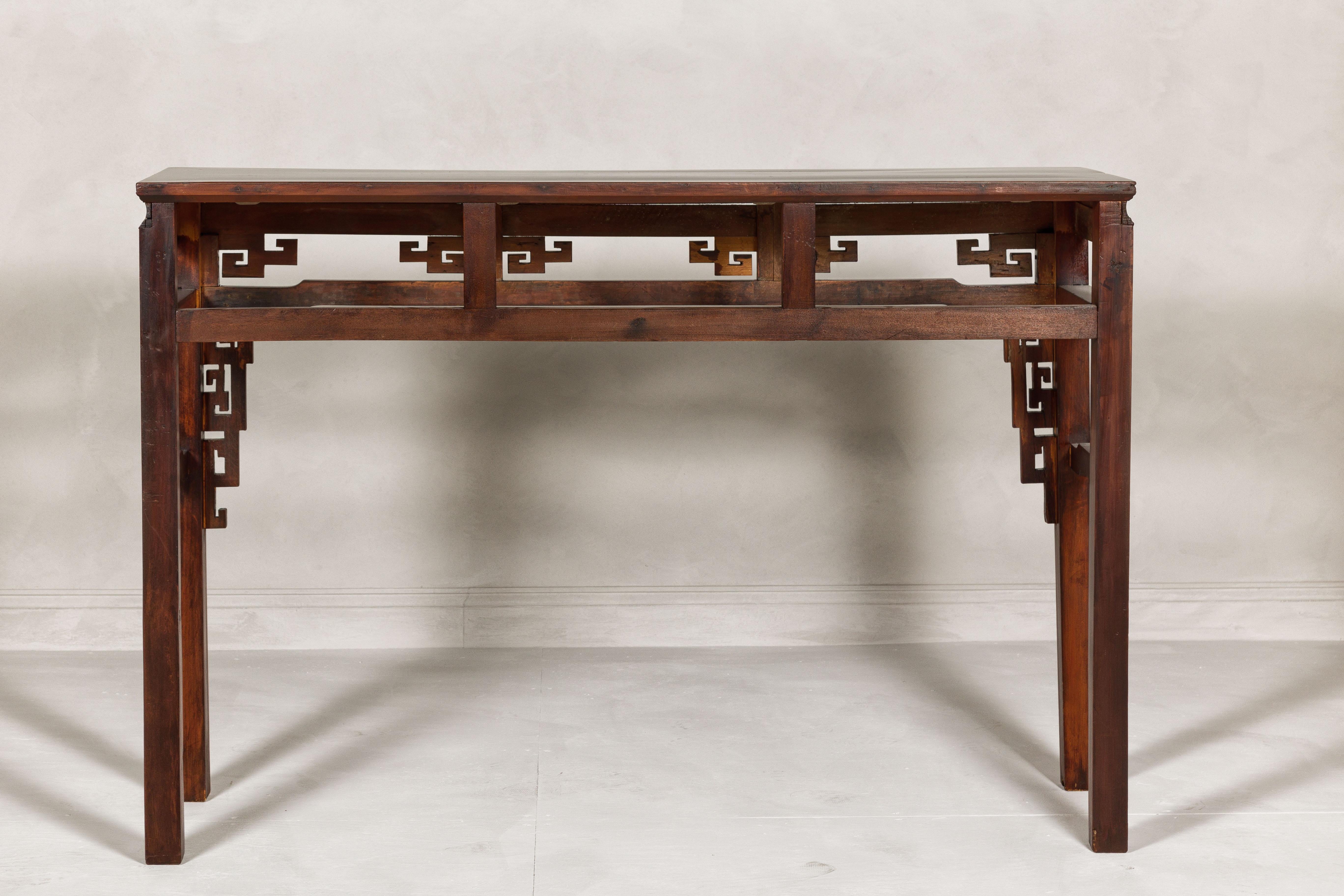 Tall Altar Console Table with Meander Carved Apron and Humpback Stretchers For Sale 7