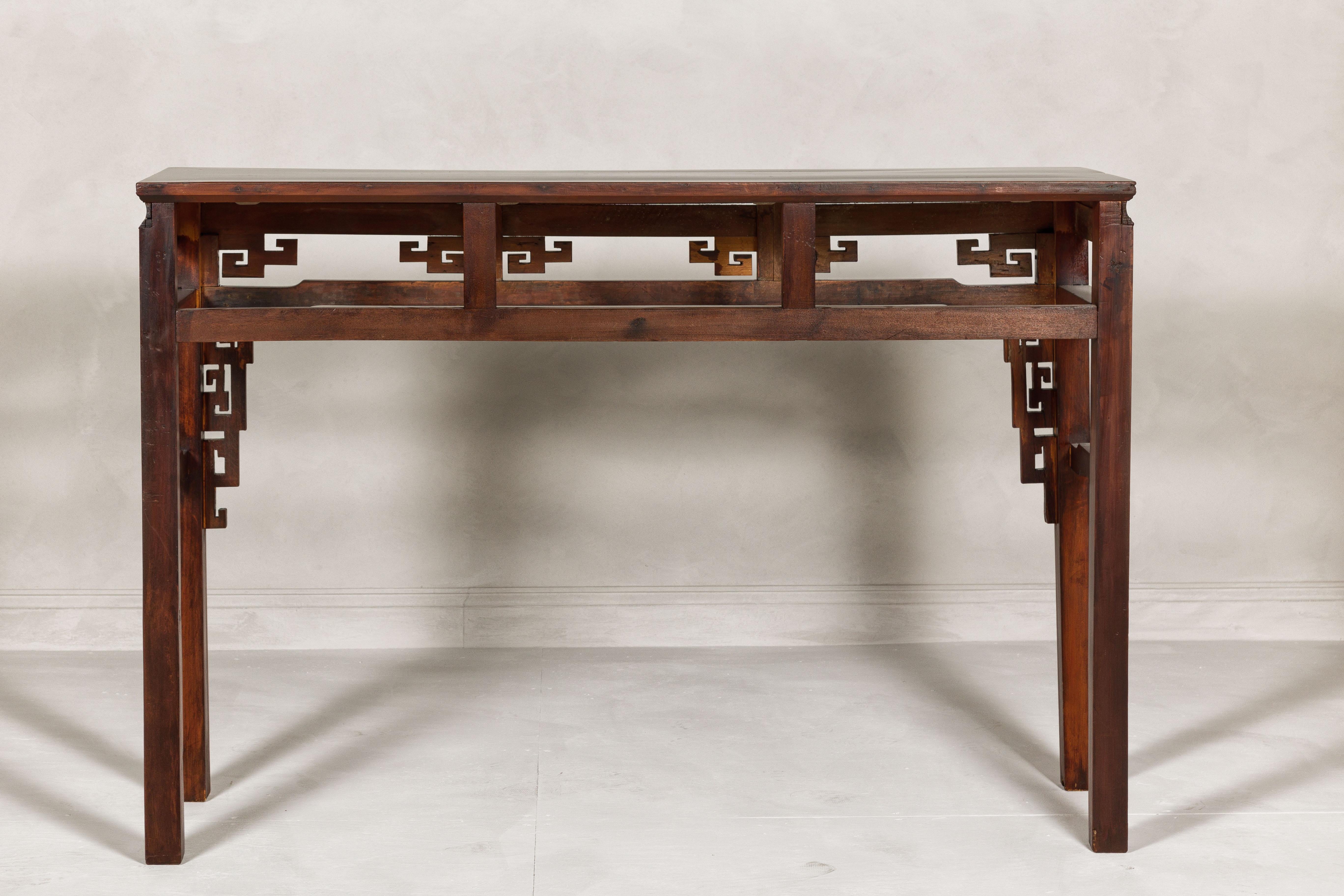 Tall Altar Console Table with Meander Carved Apron and Humpback Stretchers For Sale 6