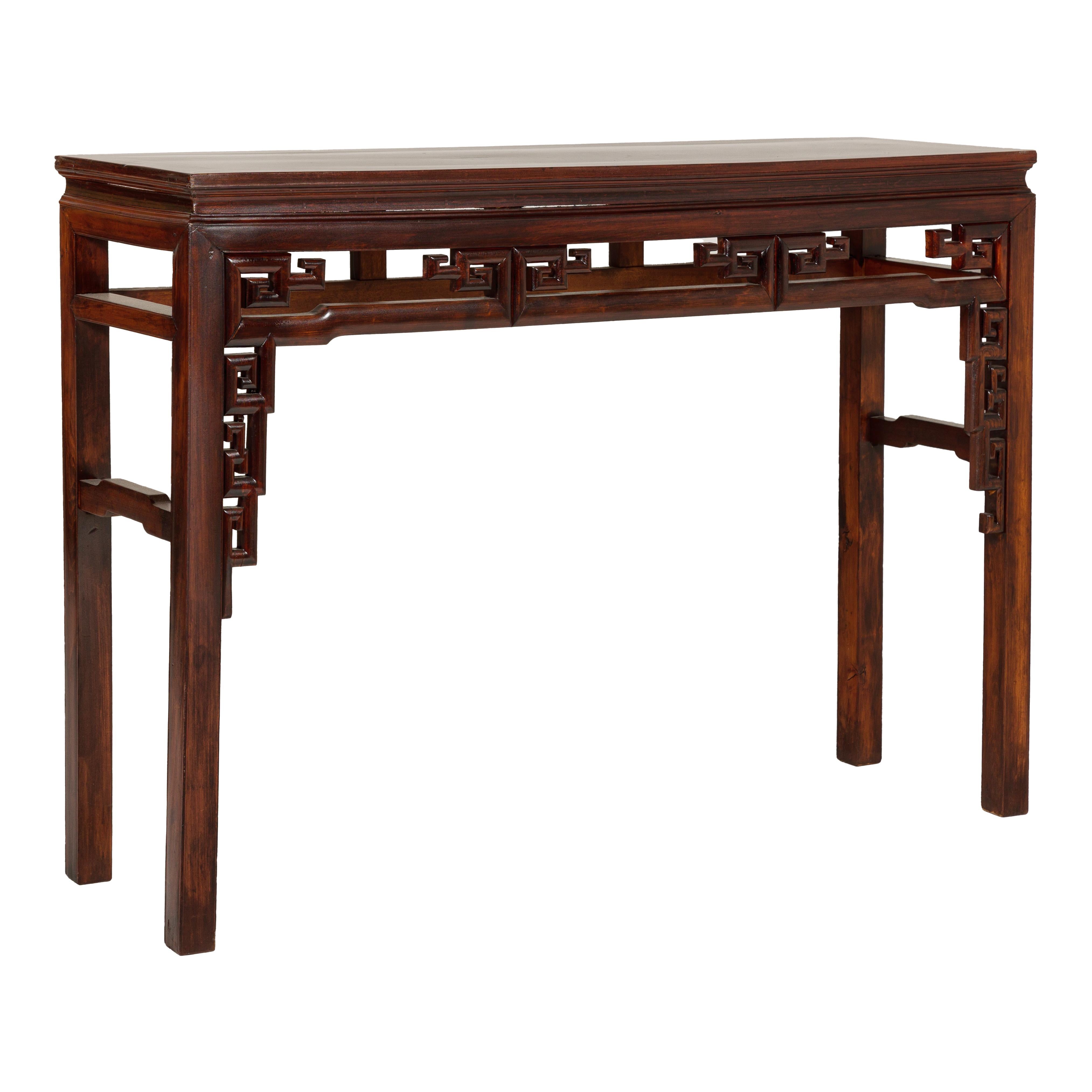 Tall Altar Console Table with Meander Carved Apron and Humpback Stretchers For Sale 9