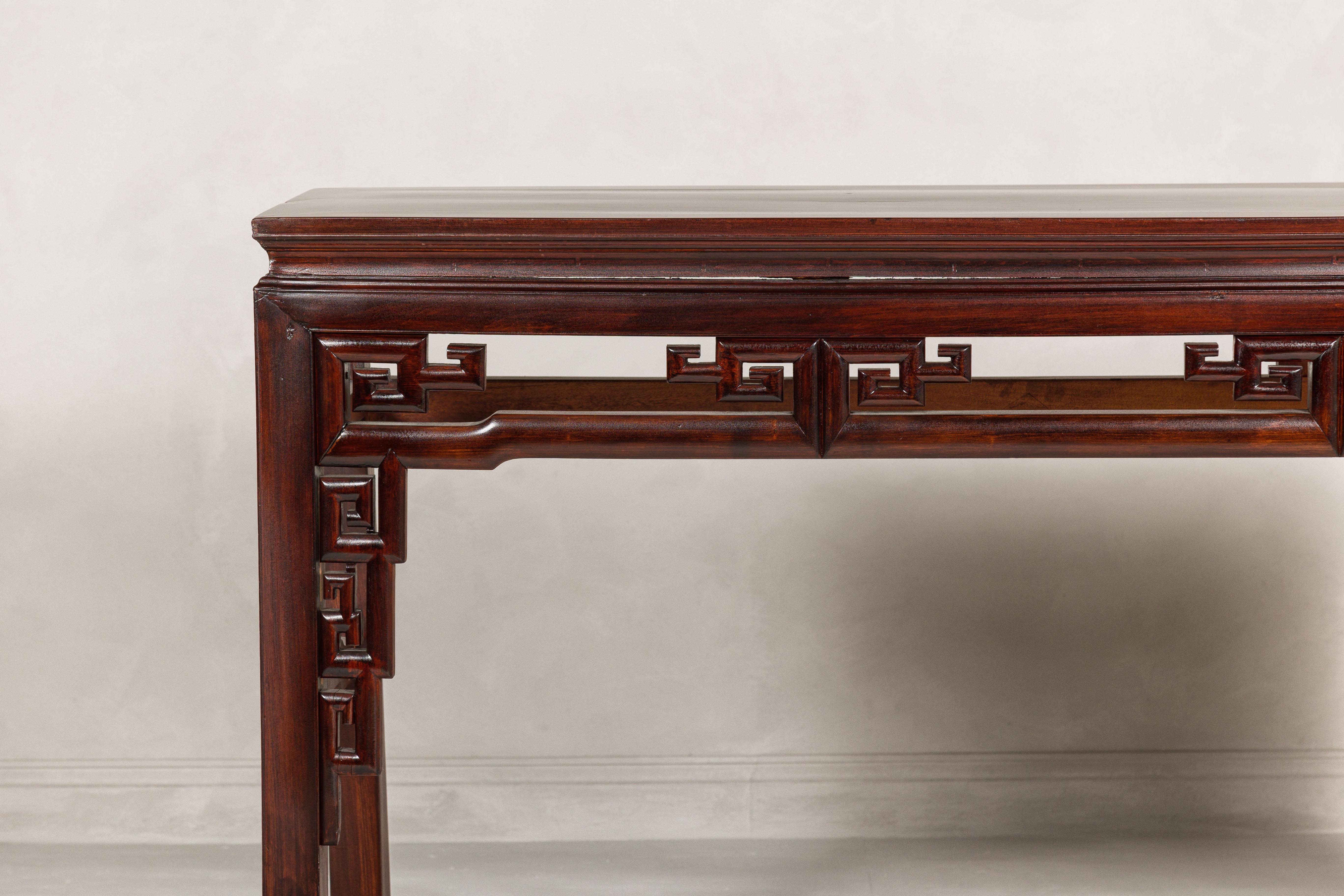 Tall Altar Console Table with Meander Carved Apron and Humpback Stretchers In Good Condition For Sale In Yonkers, NY
