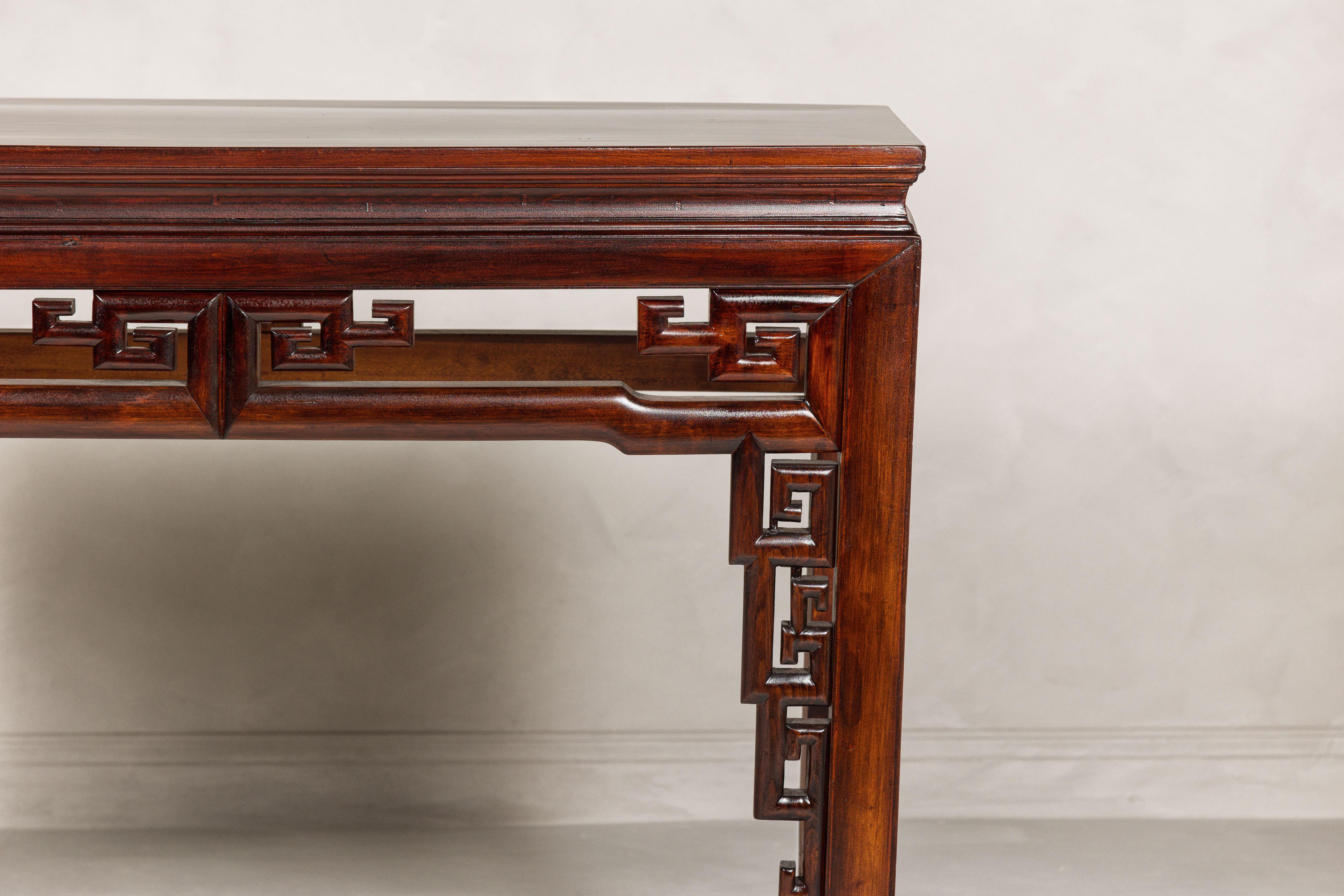 20th Century Tall Altar Console Table with Meander Carved Apron and Humpback Stretchers For Sale
