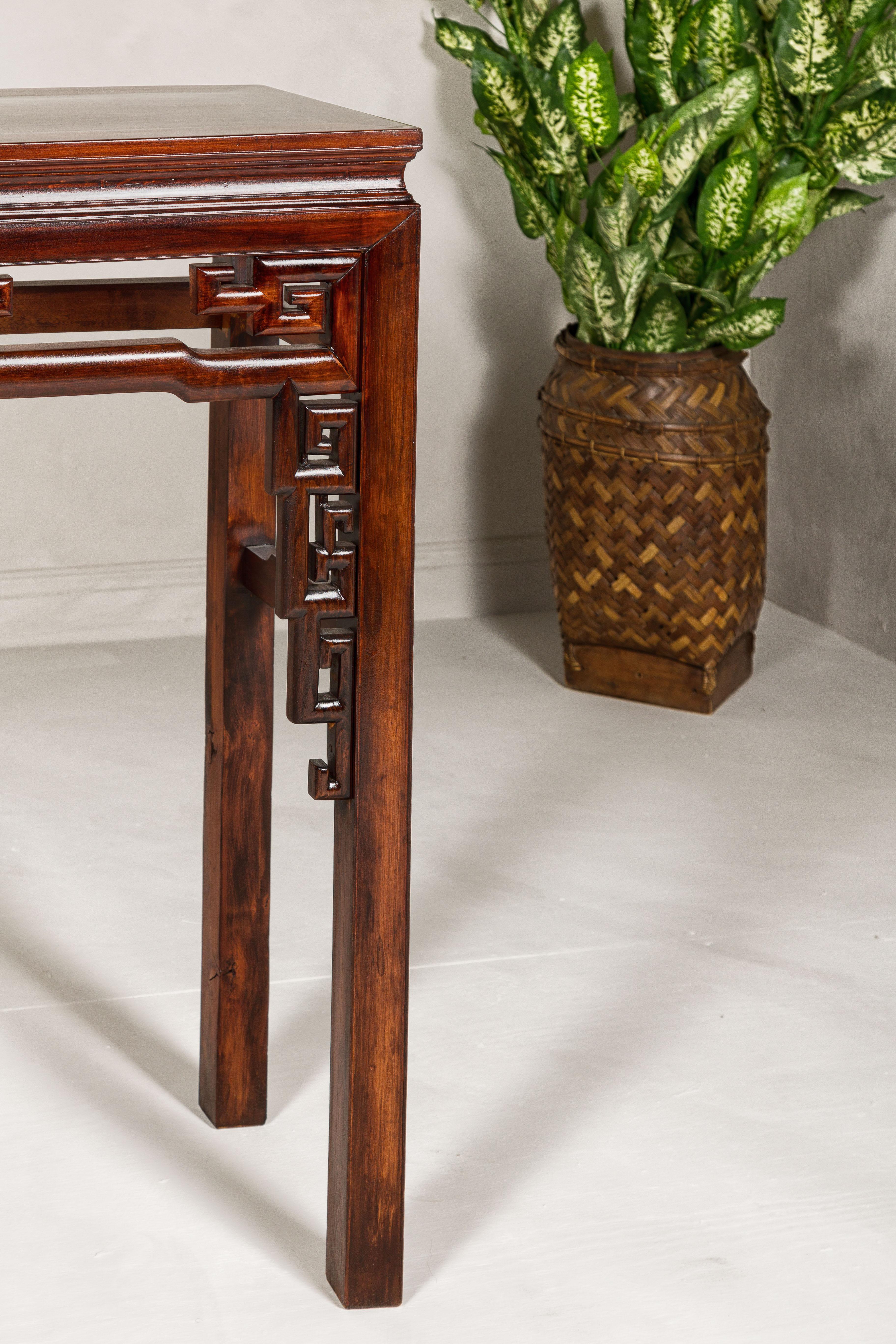 Wood Tall Altar Console Table with Meander Carved Apron and Humpback Stretchers For Sale