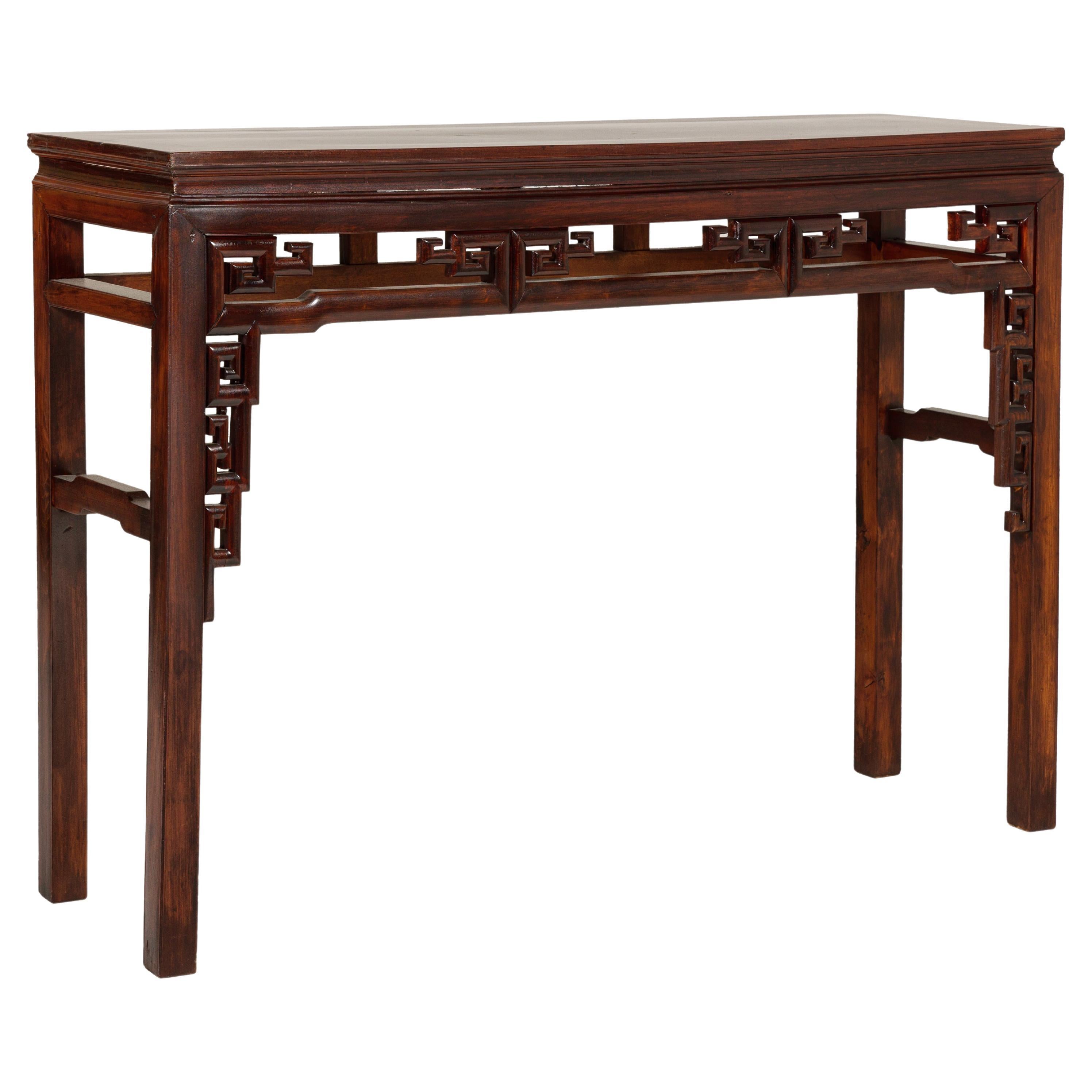 Tall Altar Console Table with Meander Carved Apron and Humpback Stretchers For Sale