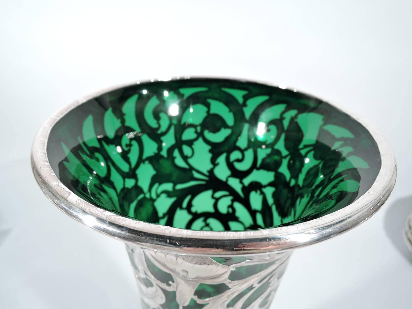American Tall Alvin Art Nouveau Emerald Glass Silver Overlay Vase