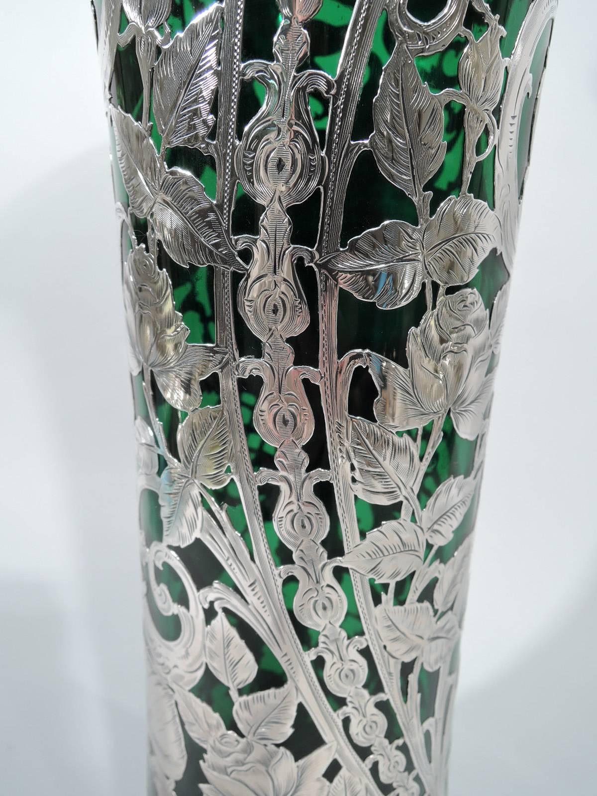 Tall Alvin Art Nouveau Emerald Glass Silver Overlay Vase In Excellent Condition In New York, NY