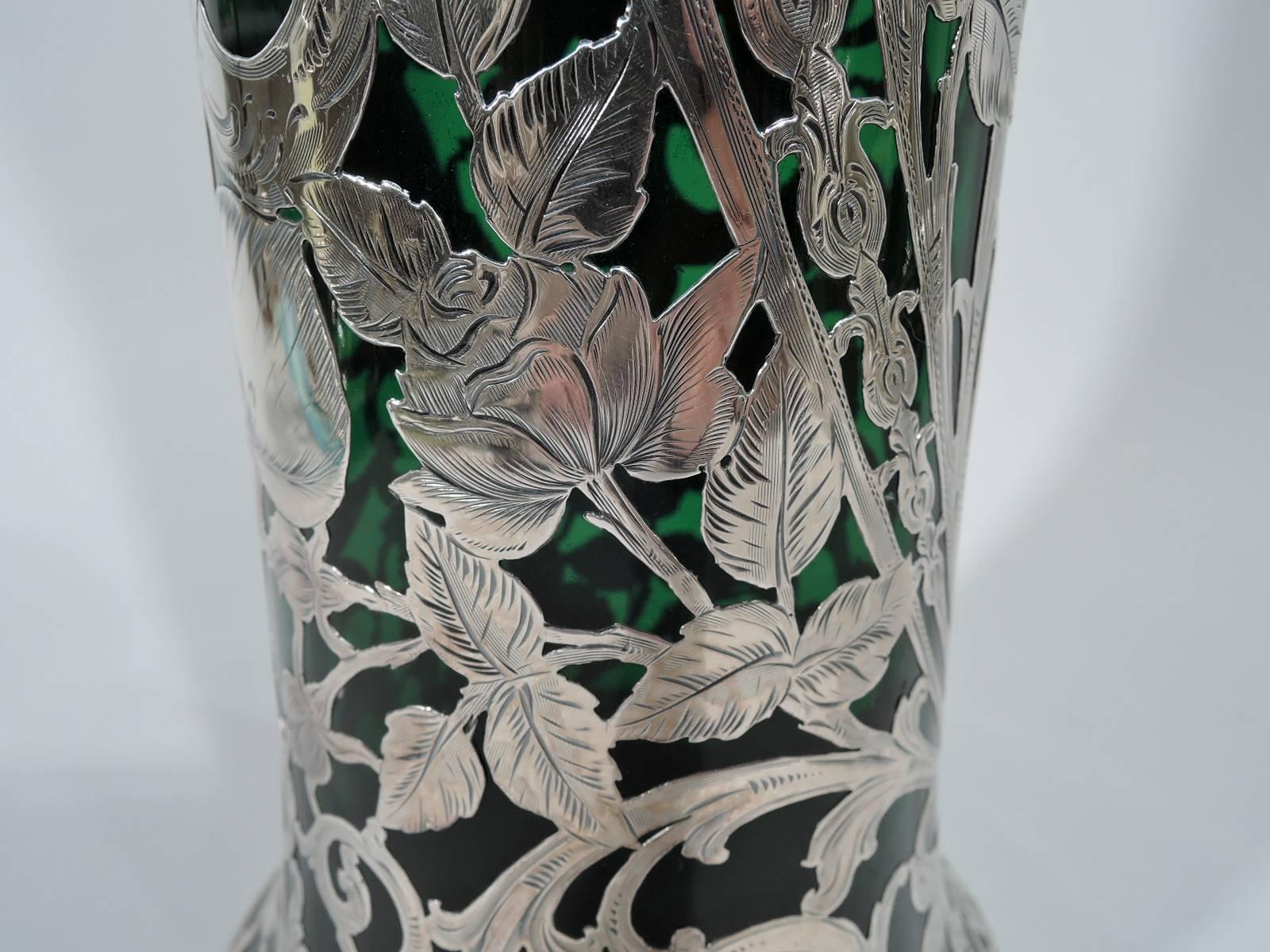 19th Century Tall Alvin Art Nouveau Emerald Glass Silver Overlay Vase