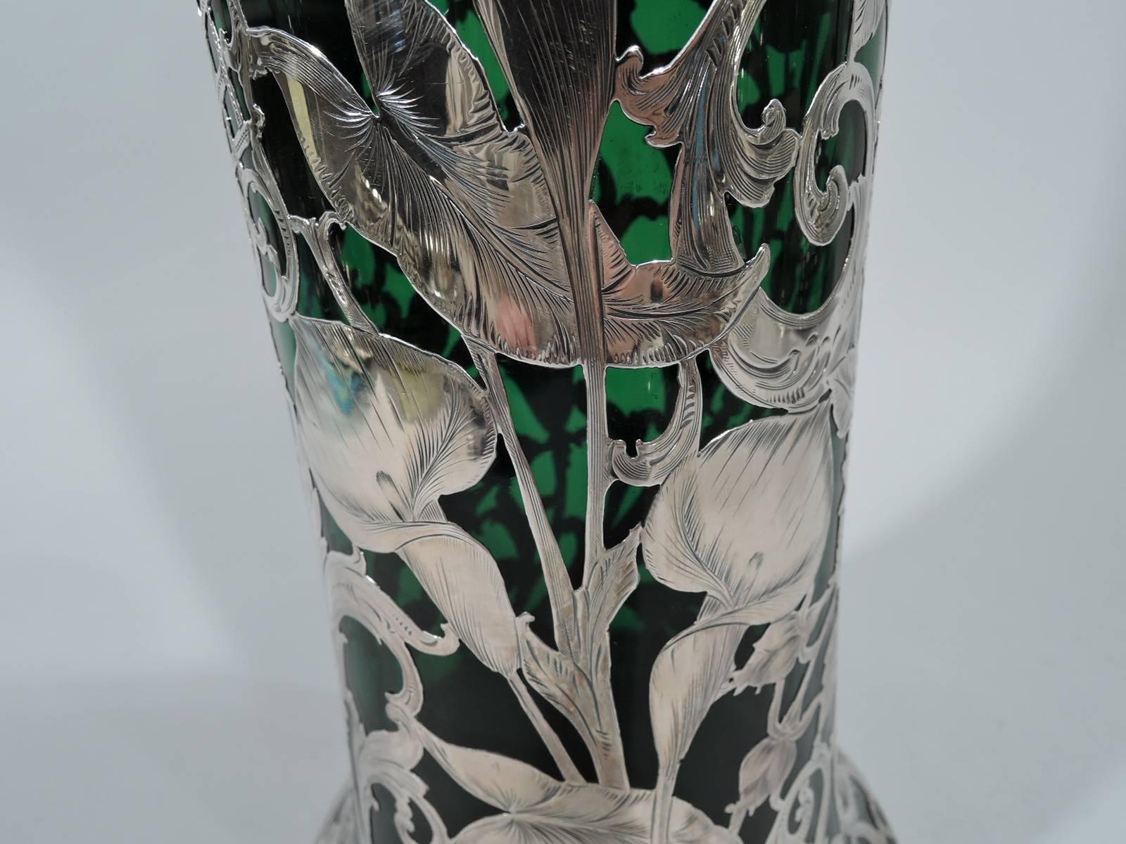 Tall Alvin Art Nouveau Emerald Glass Silver Overlay Vase 1