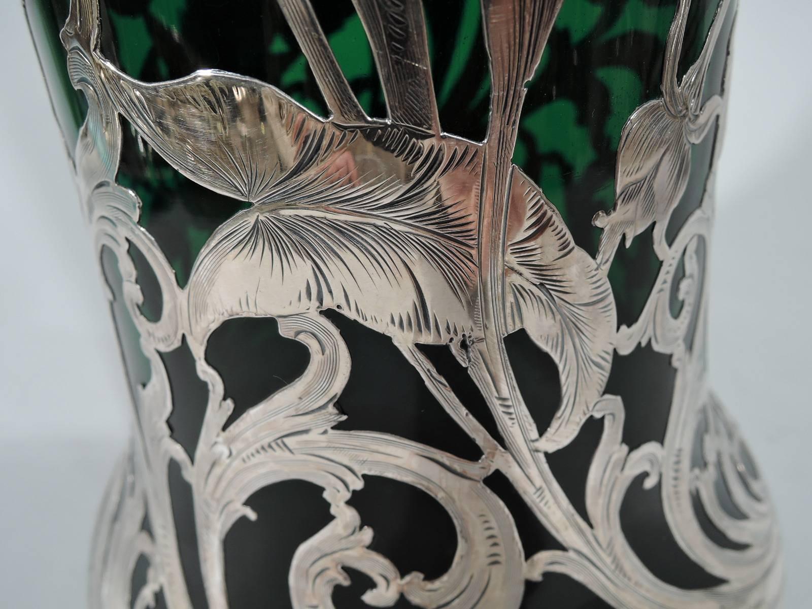 Tall Alvin Art Nouveau Emerald Glass Silver Overlay Vase 2