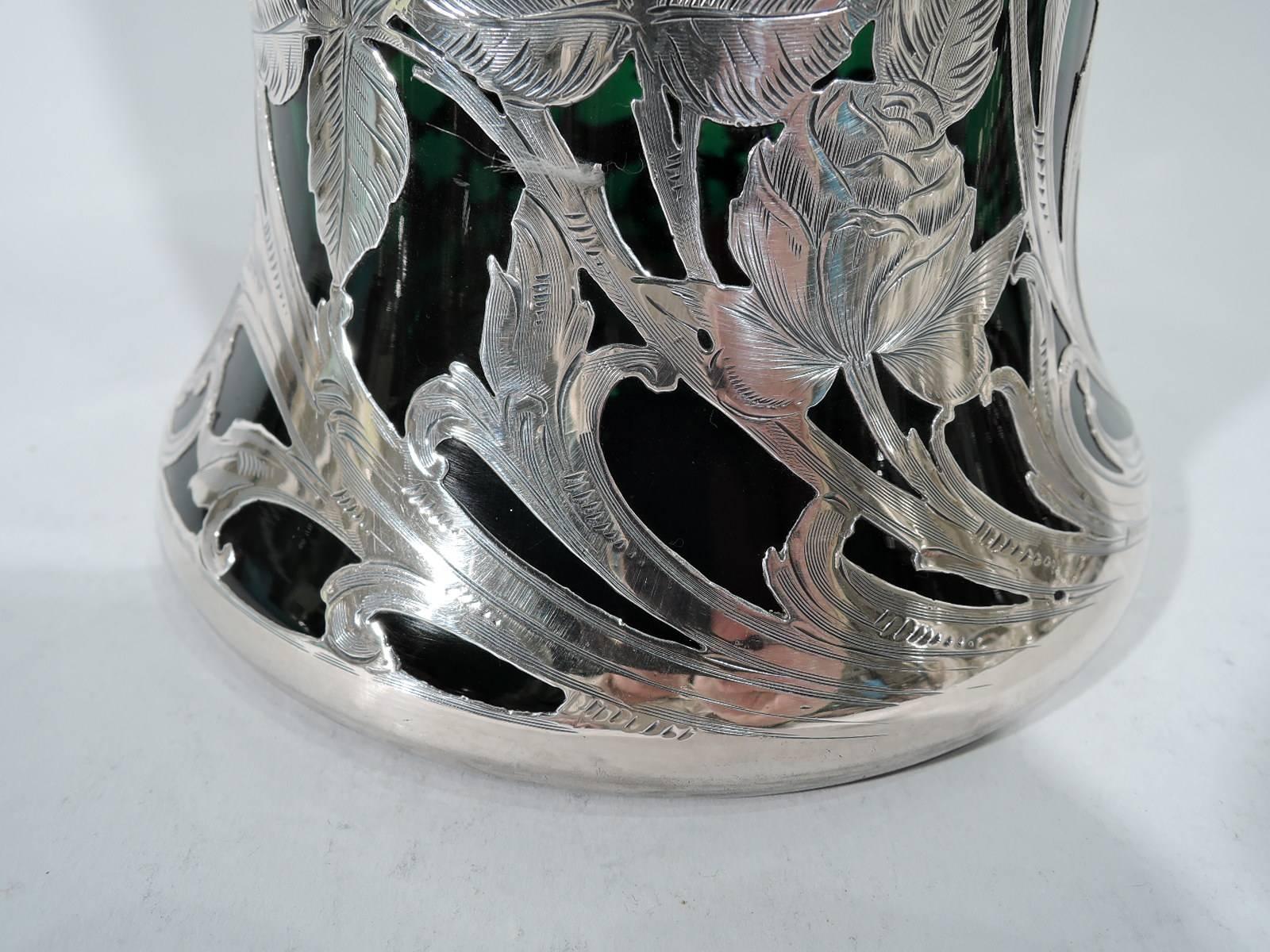 Tall Alvin Art Nouveau Emerald Glass Silver Overlay Vase 3