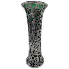 Tall Alvin Art Nouveau Emerald Glass Silver Overlay Vase