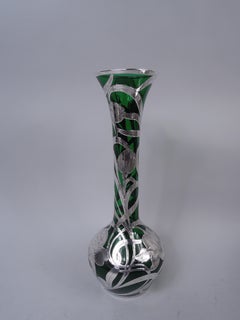 Tall Alvin Art Nouveau Green Silver Overlay 14-Inch Vase