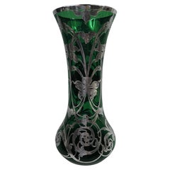 Tall American Art Nouveau Classical Green Silver Overlay Vase