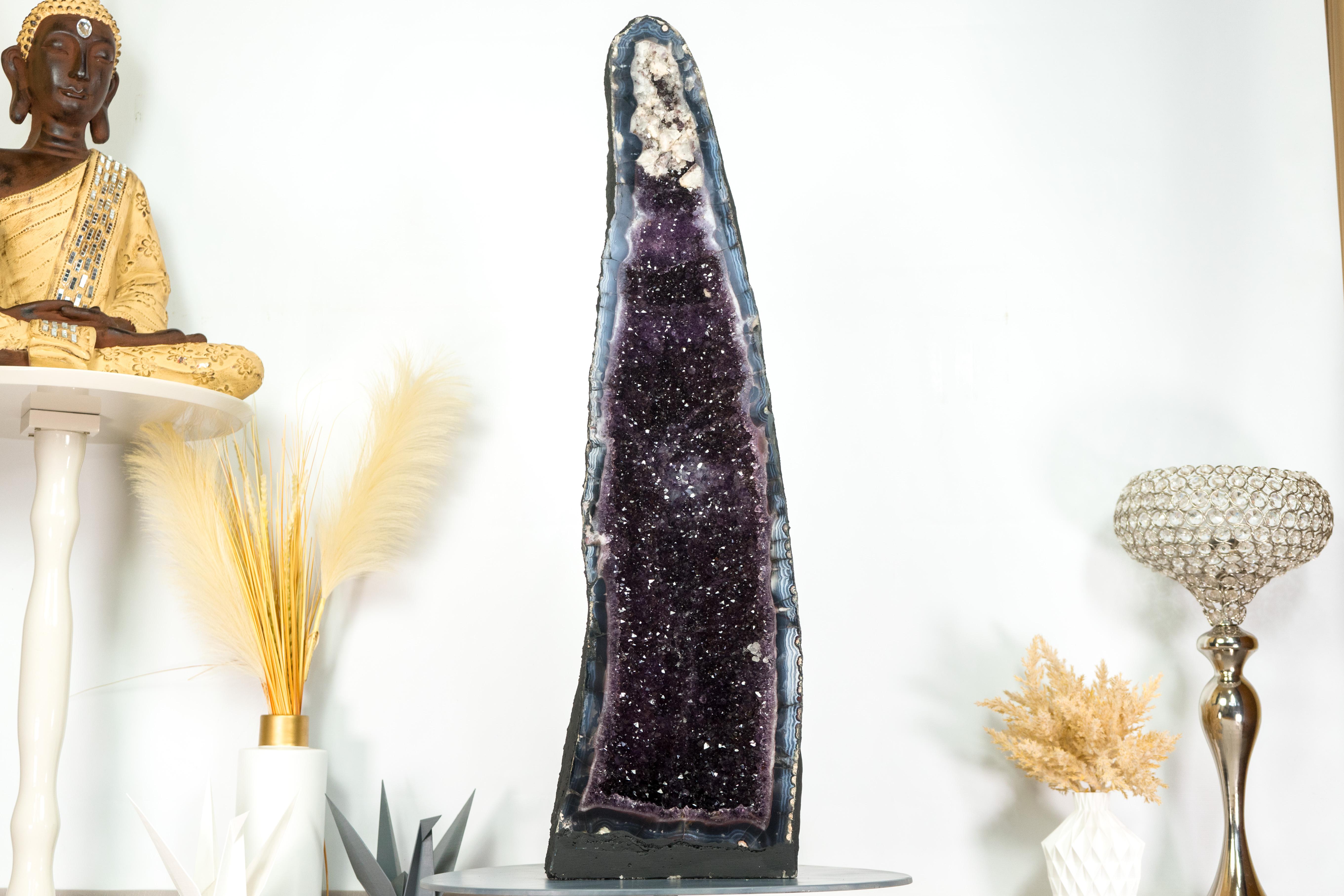 Tall Amethyst Cathedral Geode, with Lace Agate, Purple Amethyst and Calcite For Sale 6