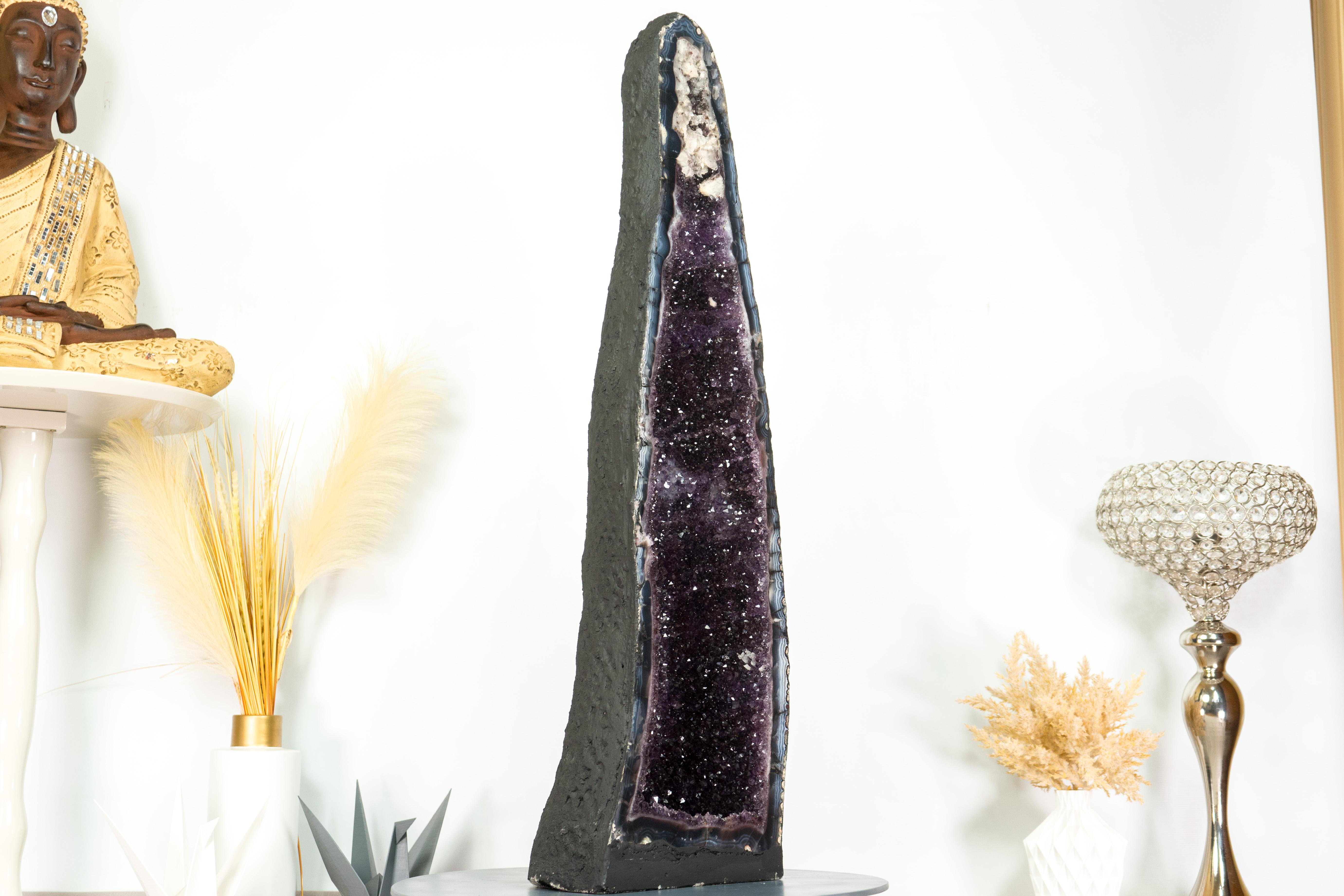 Brazilian Tall Amethyst Cathedral Geode, with Lace Agate, Purple Amethyst and Calcite For Sale