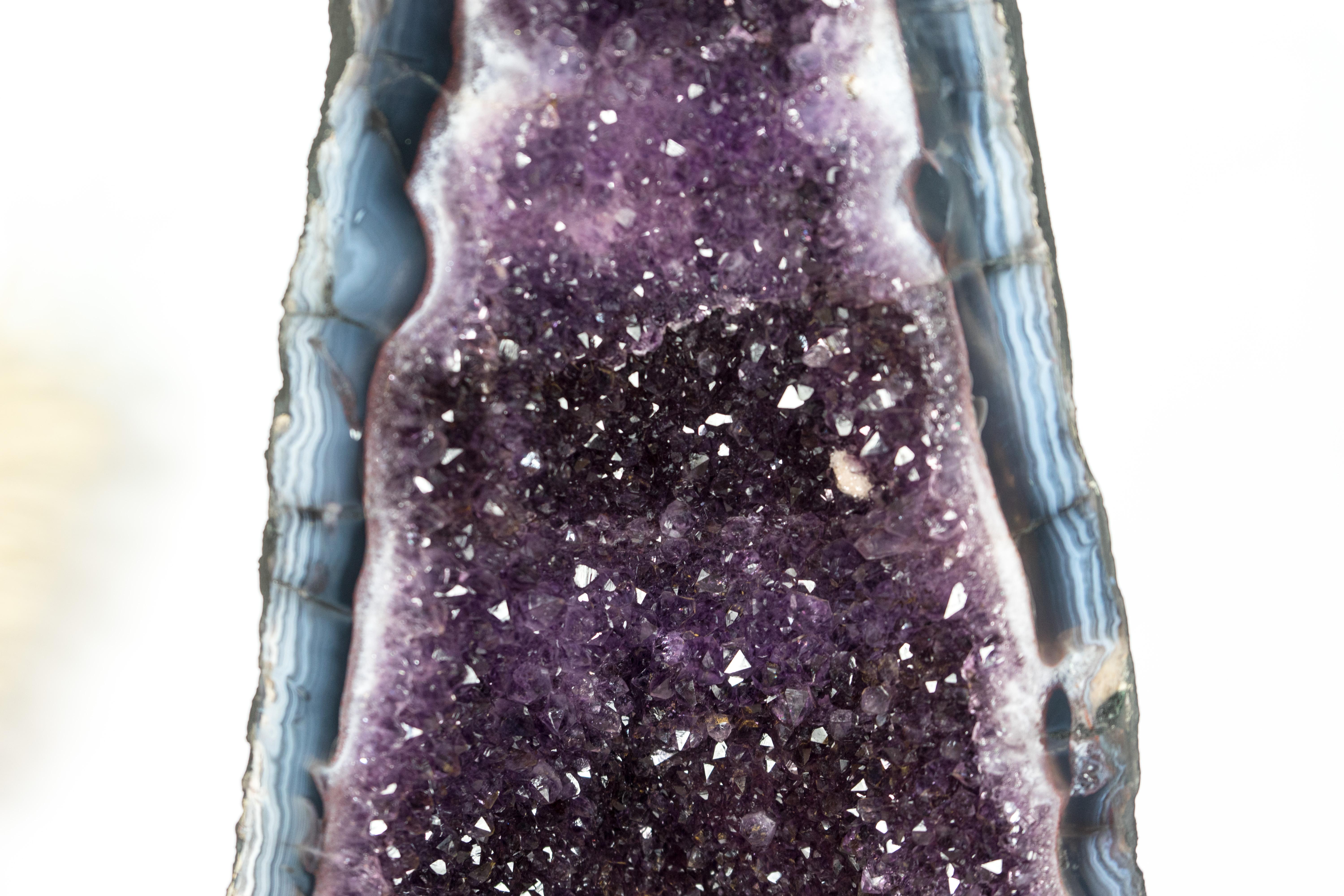Tall Amethyst Cathedral Geode, with Lace Agate, Purple Amethyst and Calcite For Sale 1