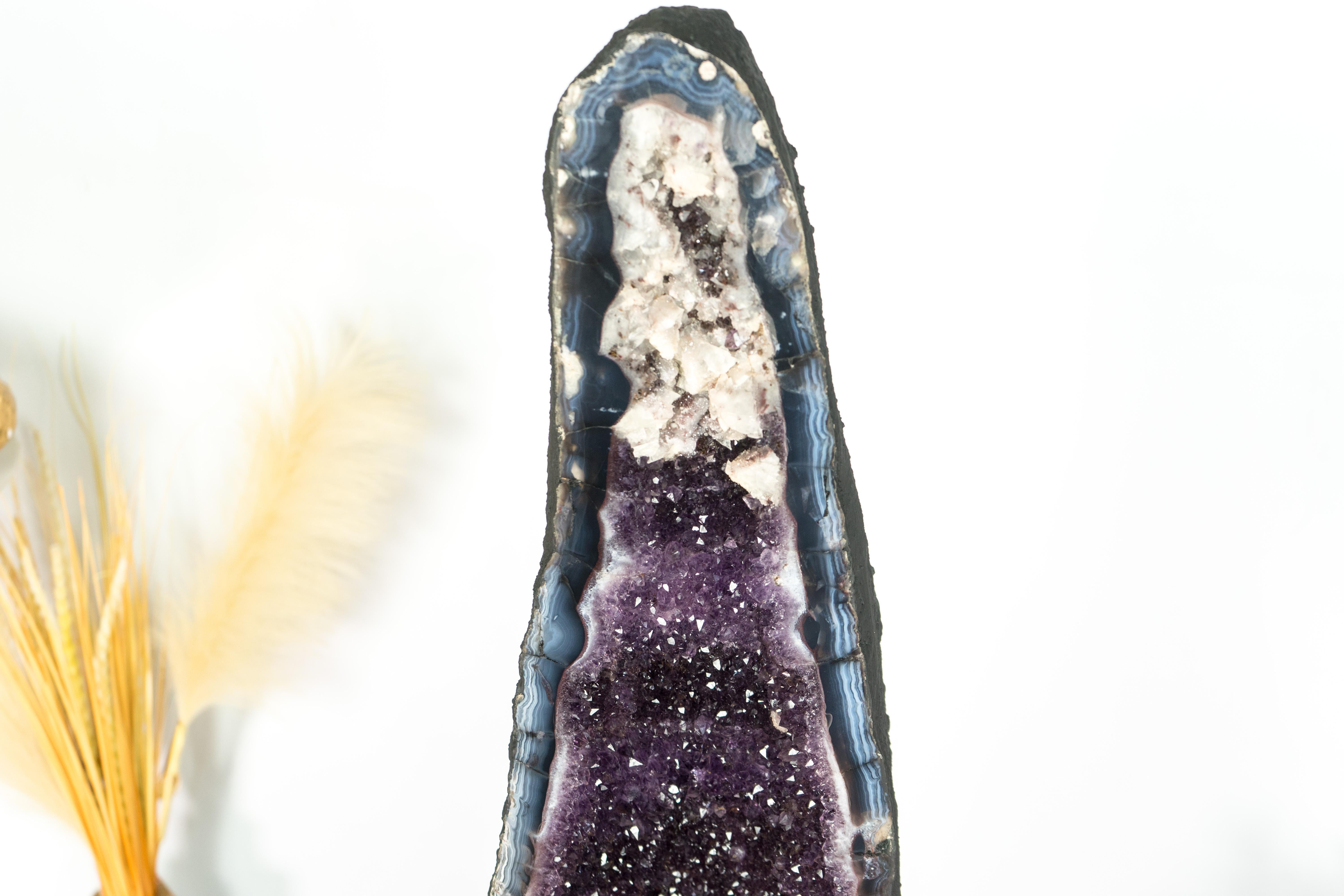 Tall Amethyst Cathedral Geode, with Lace Agate, Purple Amethyst and Calcite For Sale 2