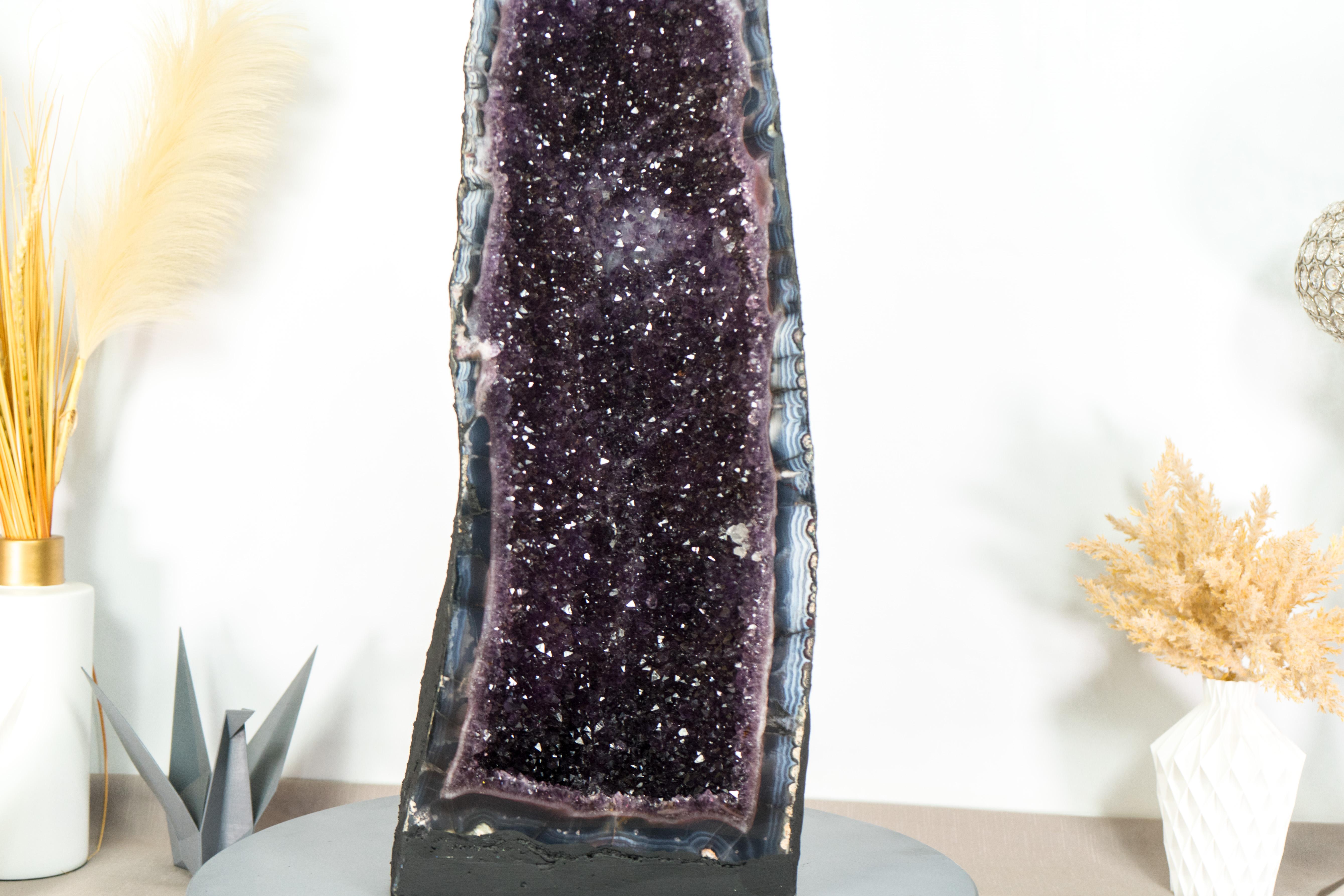 Tall Amethyst Cathedral Geode, with Lace Agate, Purple Amethyst and Calcite For Sale 3