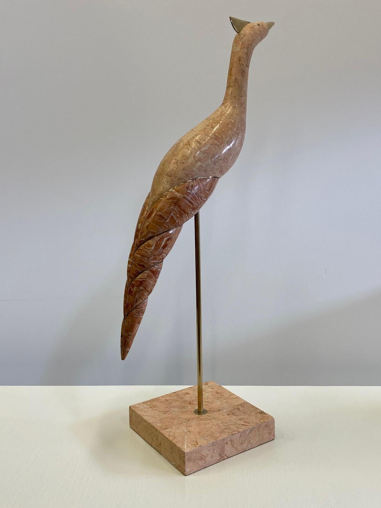 Late 20th Century Tall and Elegant Tessellated Stone & Brass Bird Sculpture For Sale