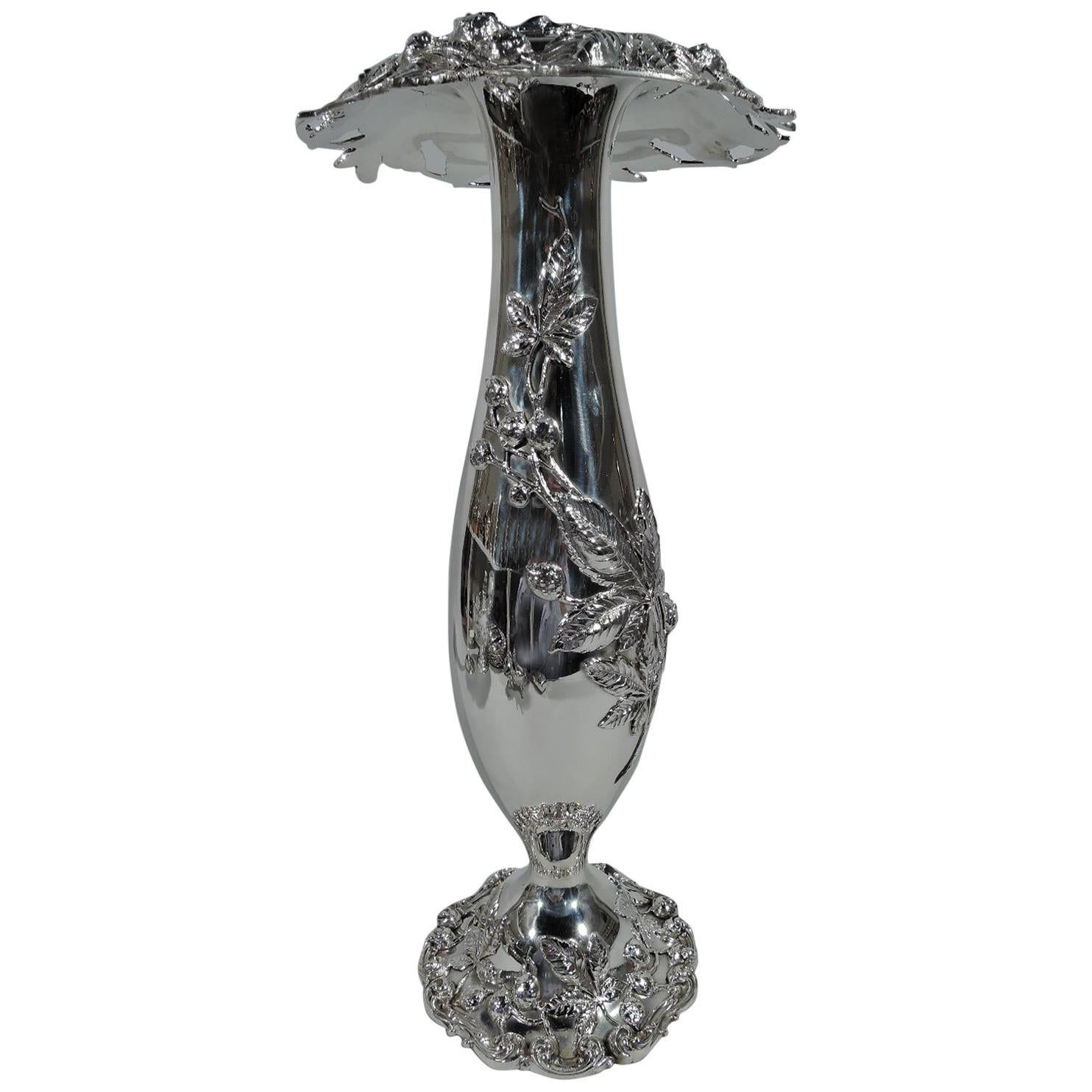 Tall and Fancy Antique Art Nouveau Sterling Silver Vase by Kerr For