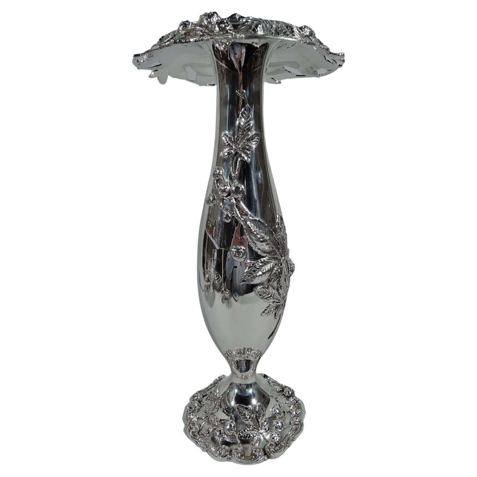 Tall and Fancy Antique Art Nouveau Sterling Silver Vase by Kerr