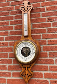 Tall and Fine Condition Antique English Carved Oak and Porcelain Wall Barometer