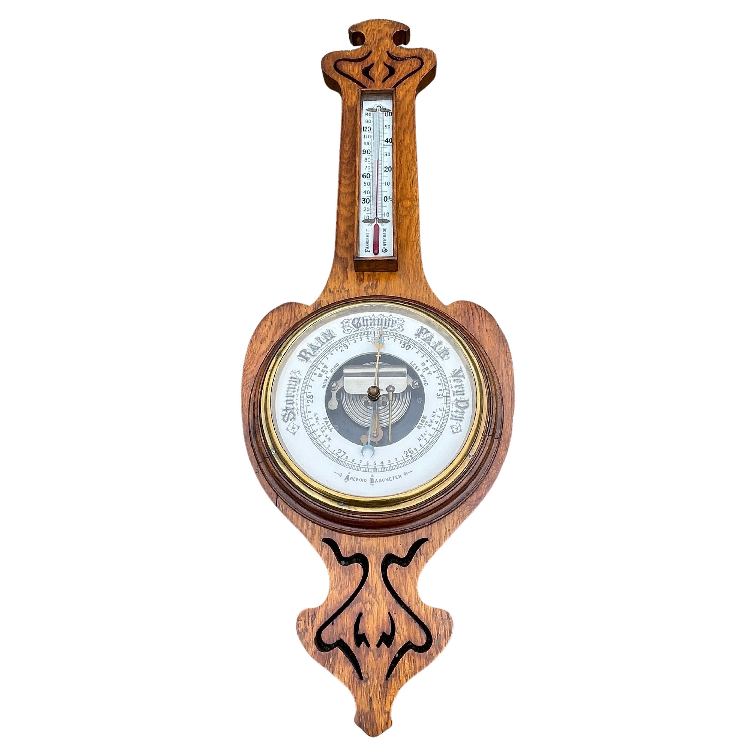 Tall and Fine Condition Antique English Carved Oak and Porcelain Wall Barometer