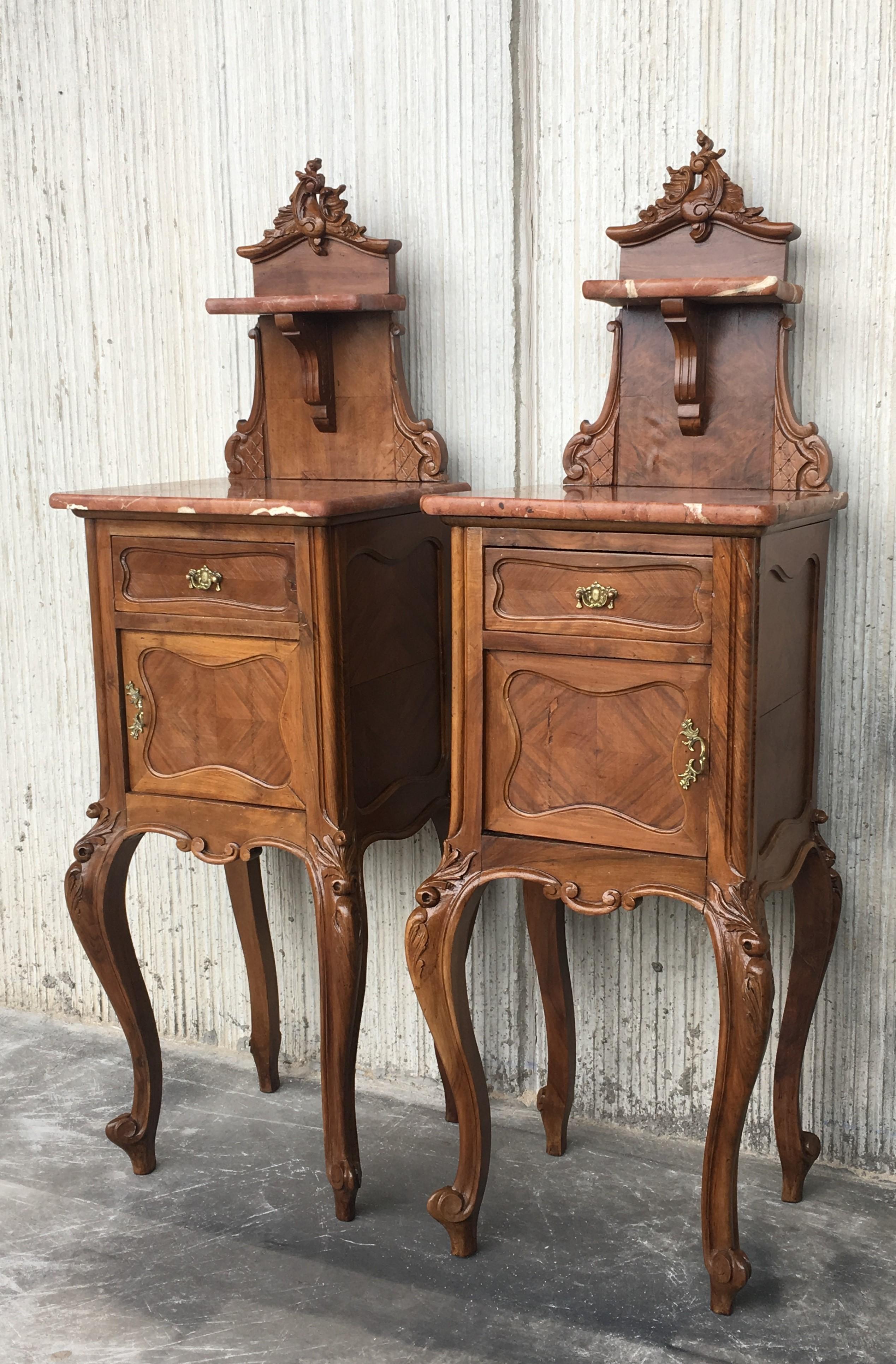 Elegant and beautiful quality antique nightstands.

This handcrafted 19th century pair of bedside cabinets is in used, but good condition. The patina and the patterns in the wood are second to none and the color differences of the corners and legs