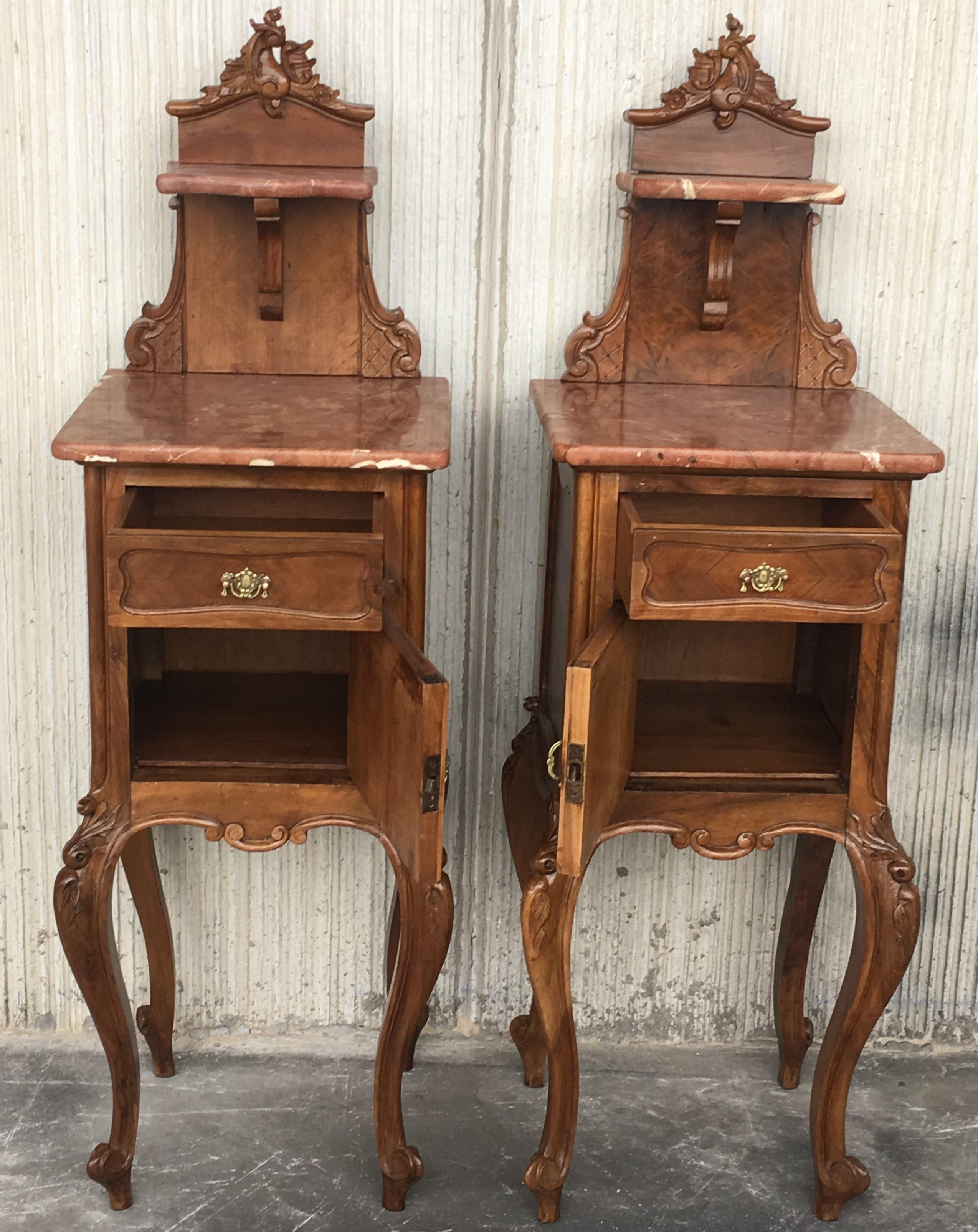Spanish Colonial Tall and High Top Solid Oak Bedside Cabinets with Marble Top and Drawer
