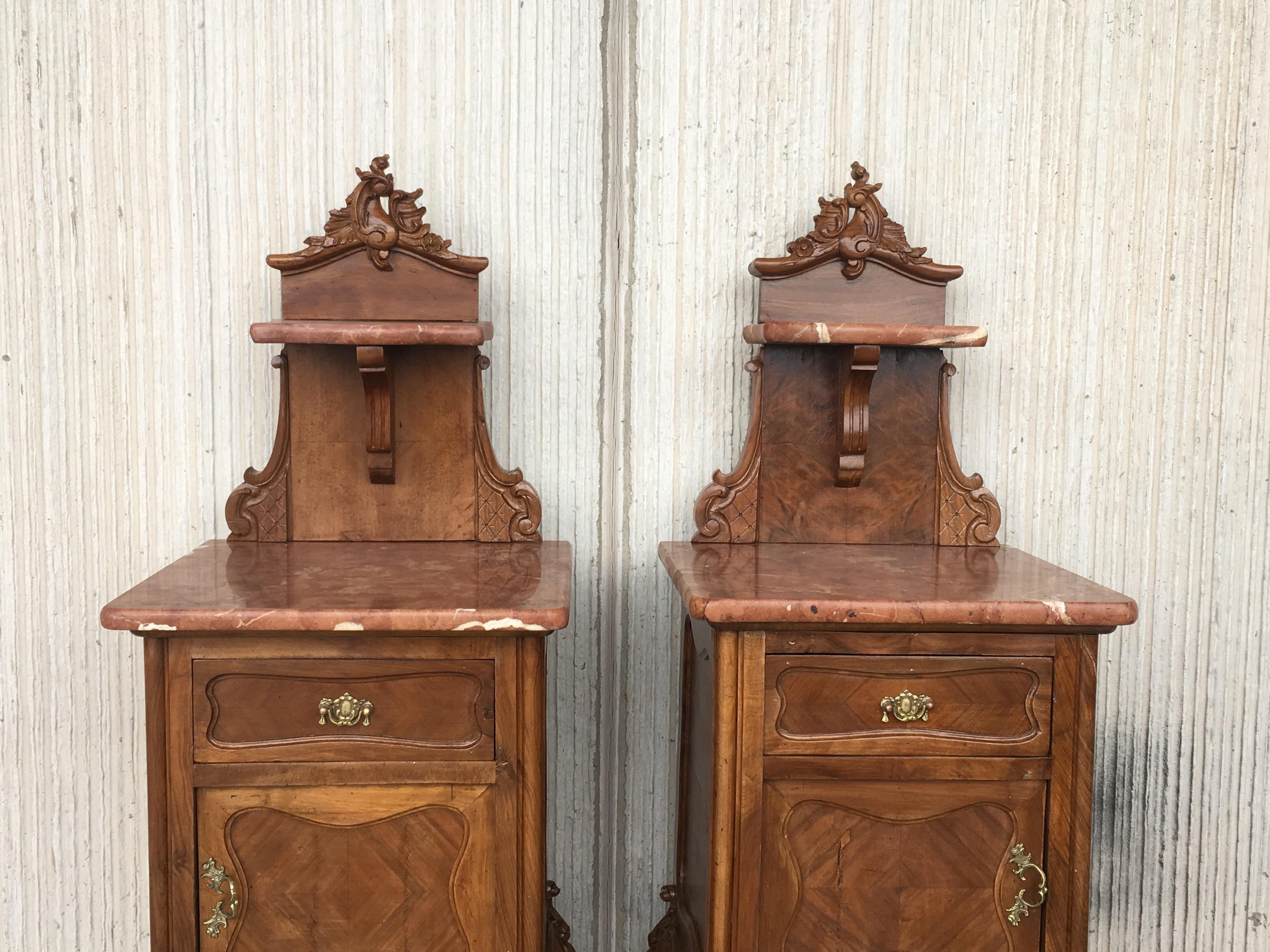 Spanish Tall and High Top Solid Oak Bedside Cabinets with Marble Top and Drawer