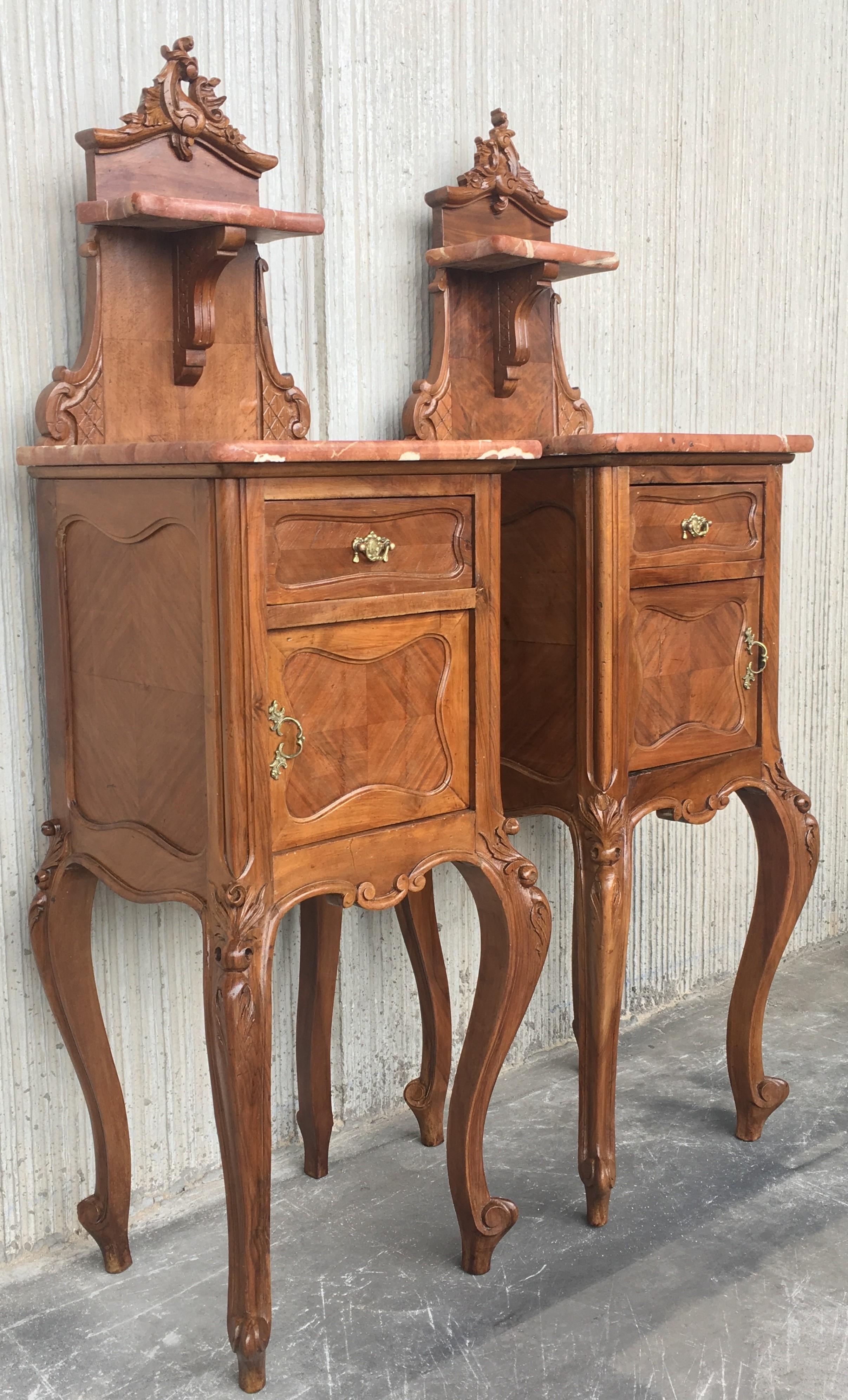 Tall and High Top Solid Oak Bedside Cabinets with Marble Top and Drawer In Good Condition In Miami, FL