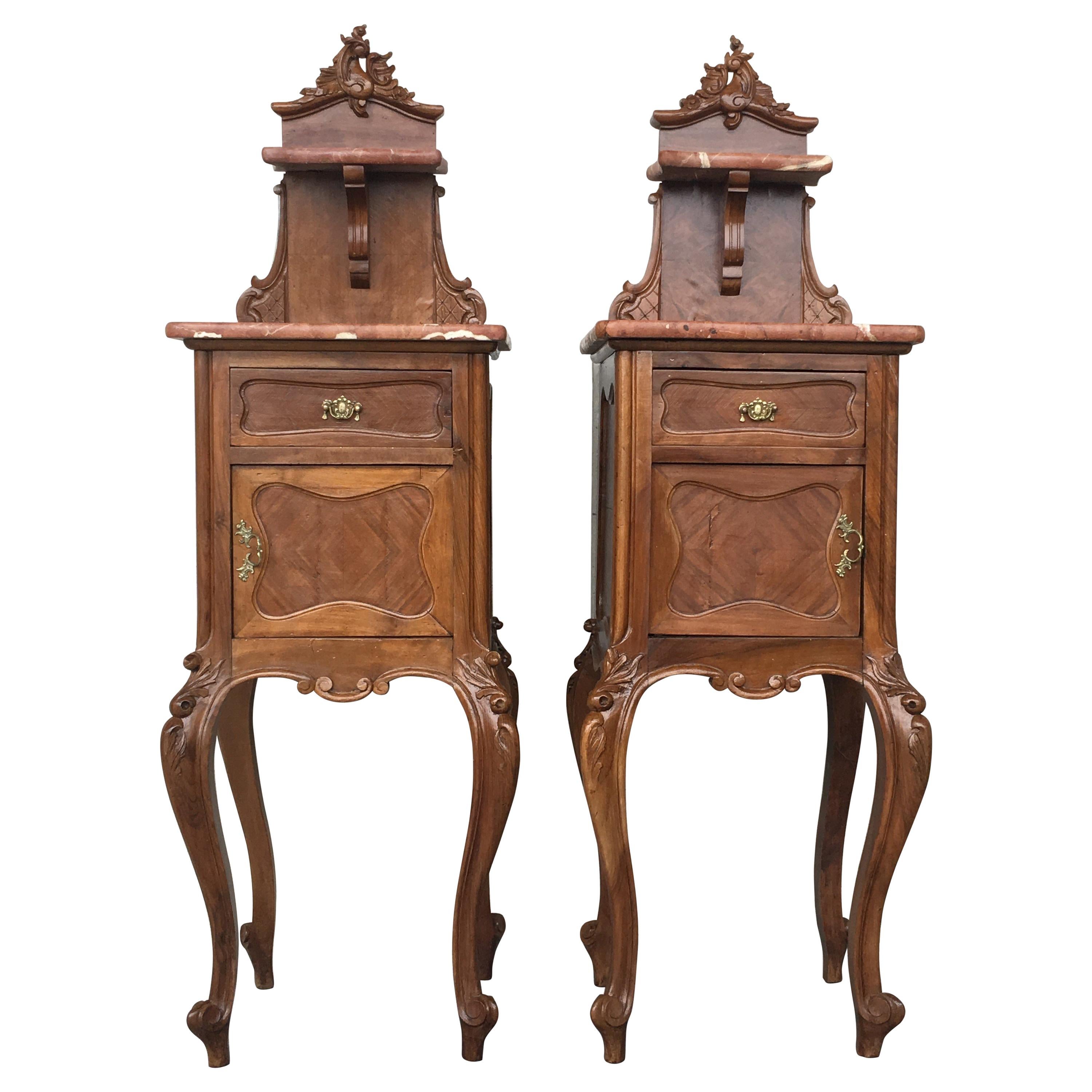 Tall and High Top Solid Oak Bedside Cabinets with Marble Top and Drawer For  Sale at 1stDibs