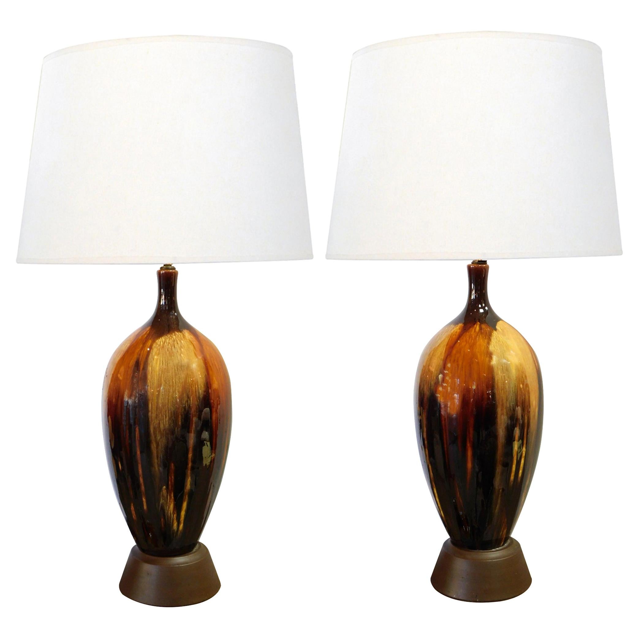 Tall and Richly-Colored American 1960s Ovoid-Form Drip-Glaze Lamps