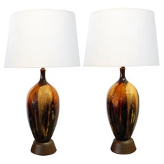 Tall and Richly-Colored American 1960s Ovoid-Form Drip-Glaze Lamps