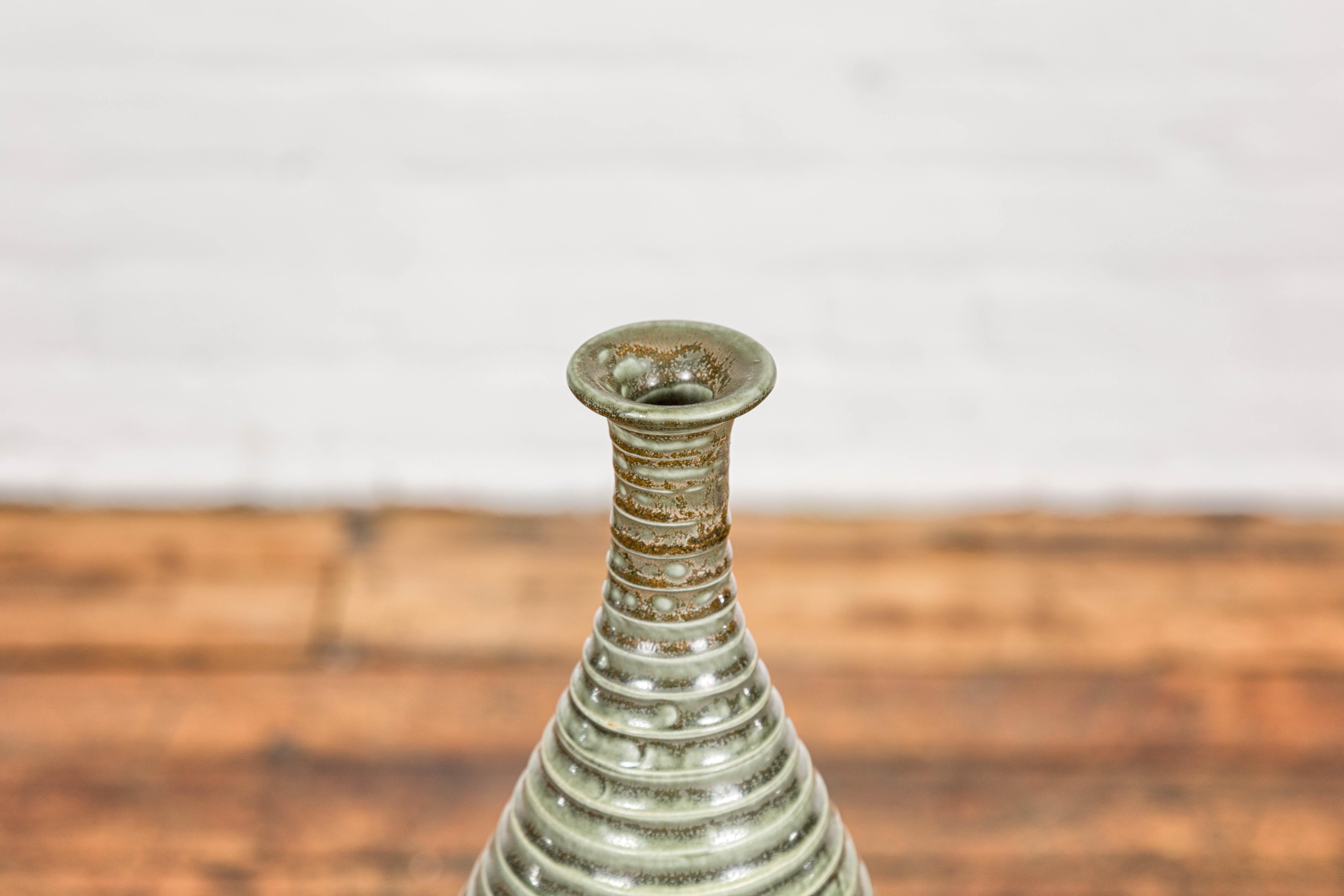 Tall and Slender Green Glazed Ceramic Vase with Reeded Design  For Sale 7