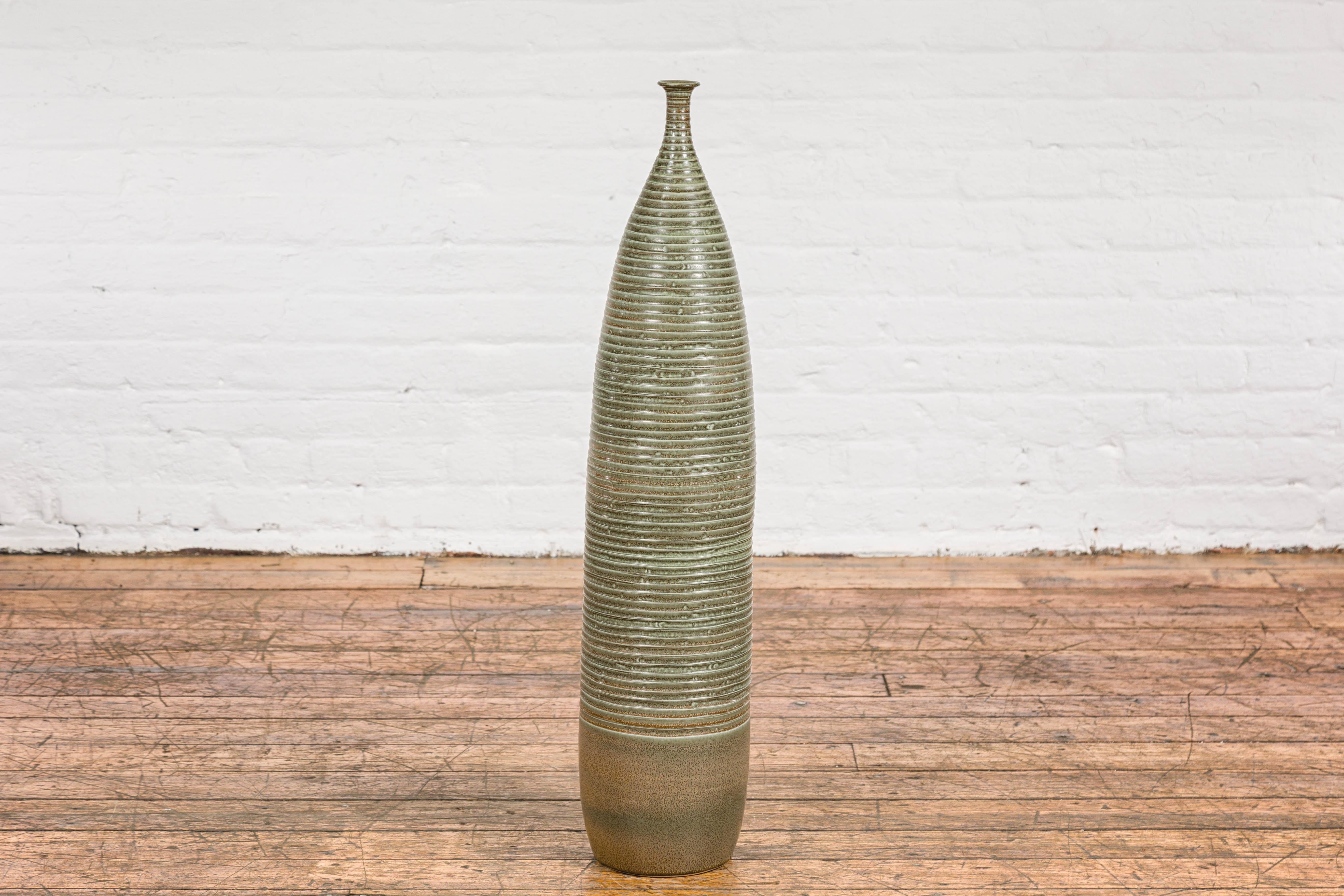 Tall and Slender Green Glazed Ceramic Vase with Reeded Design  For Sale 8