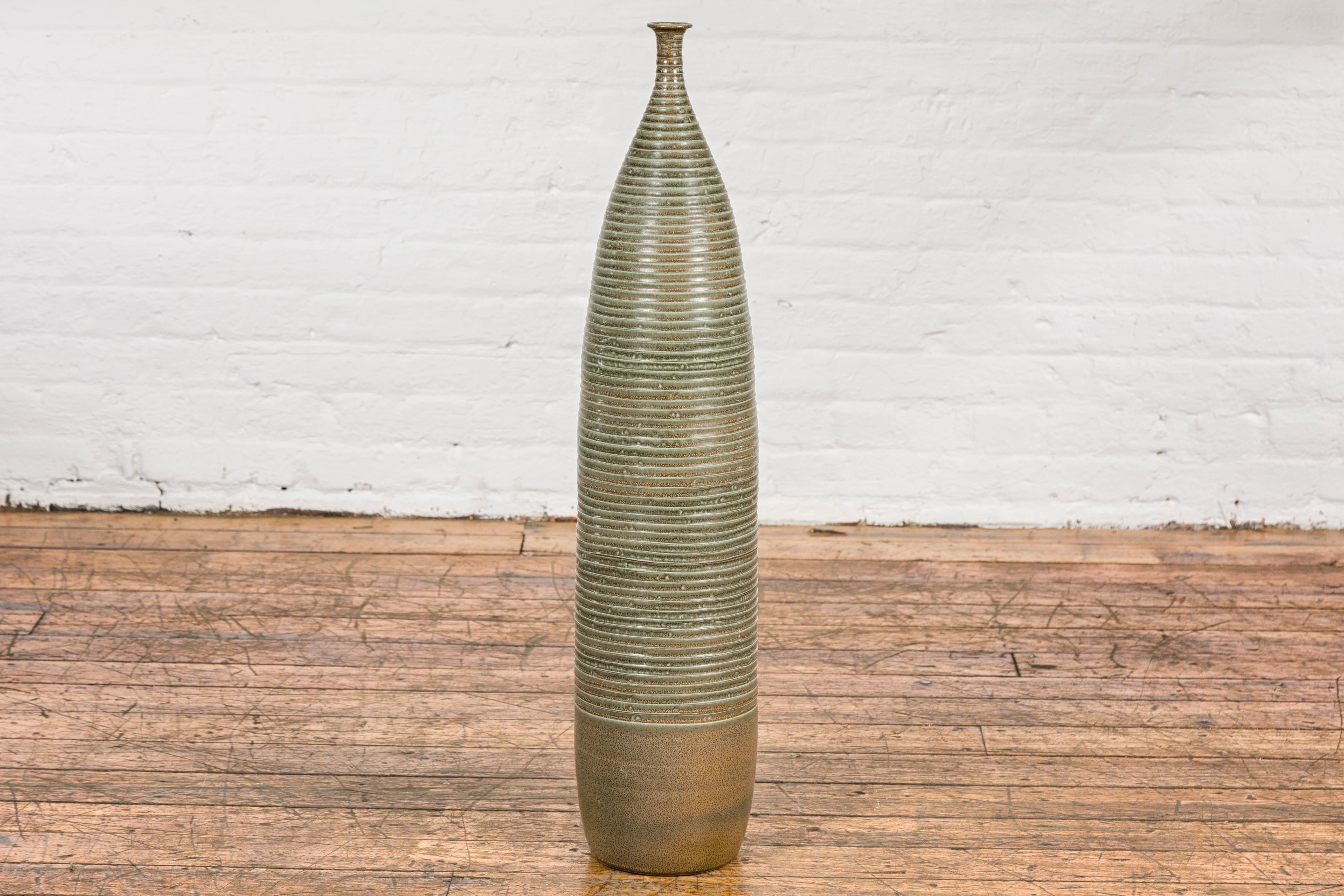Tall and Slender Green Glazed Ceramic Vase with Reeded Design  For Sale 9