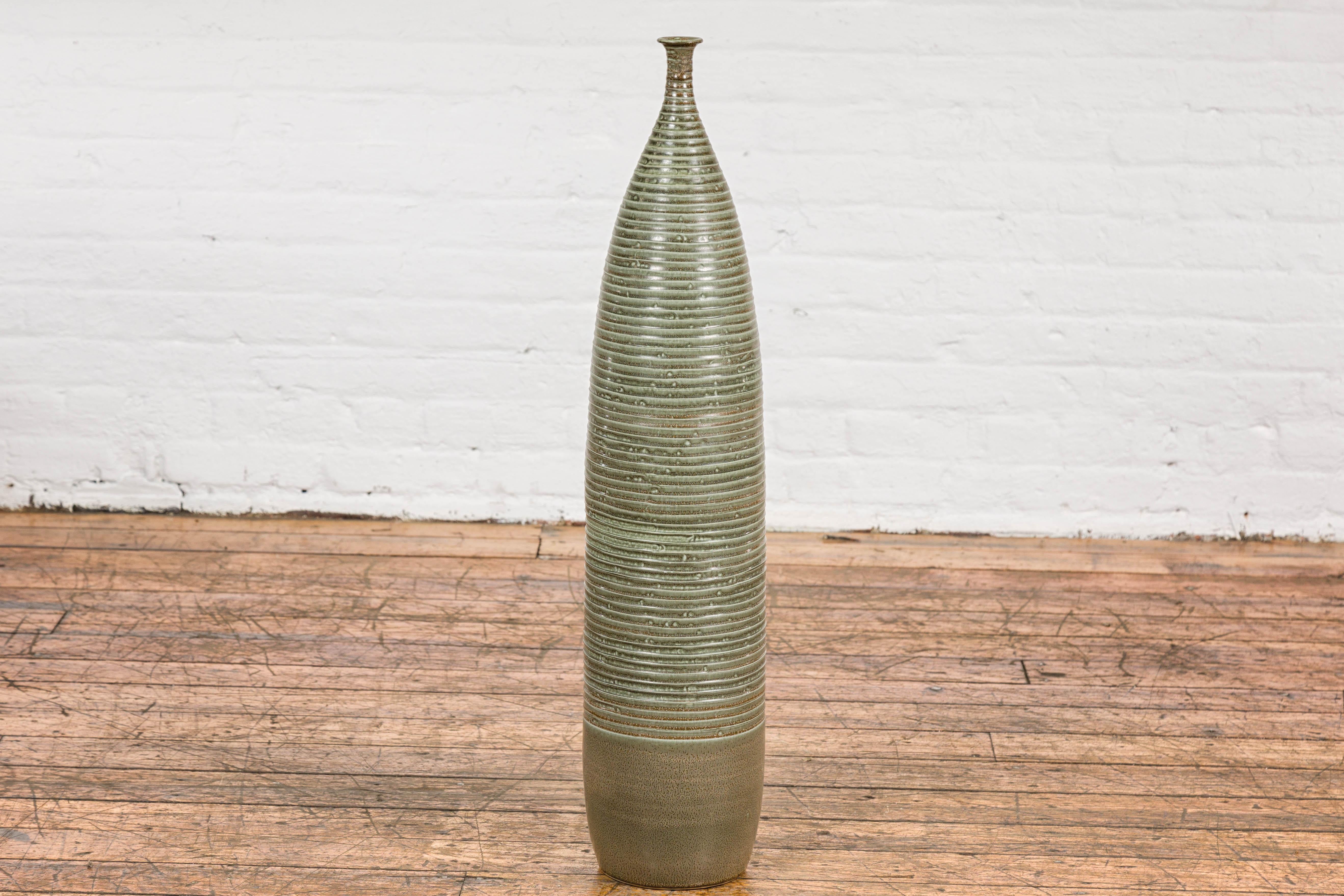 Tall and Slender Green Glazed Ceramic Vase with Reeded Design  For Sale 10