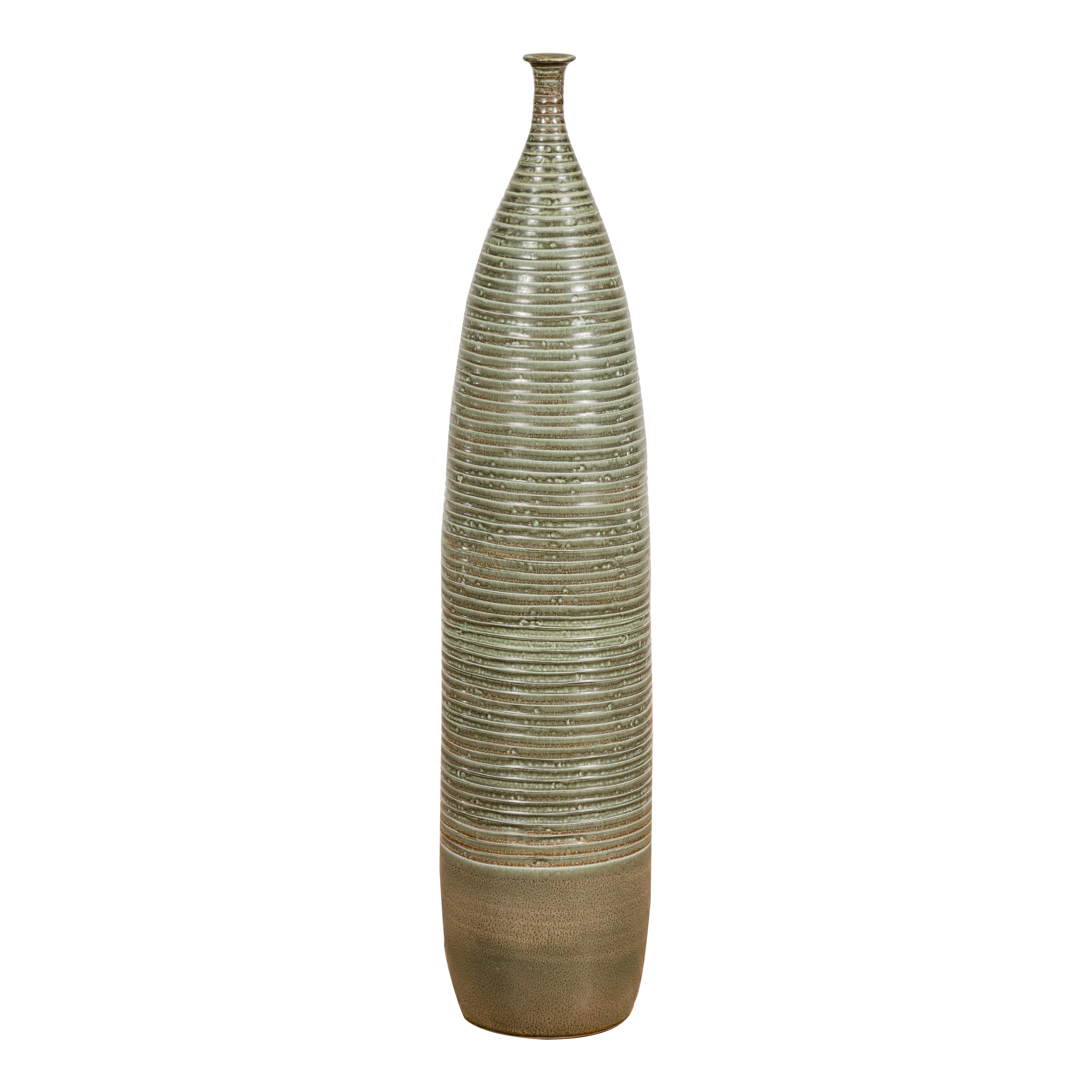 Tall and Slender Green Glazed Ceramic Vase with Reeded Design  For Sale 12