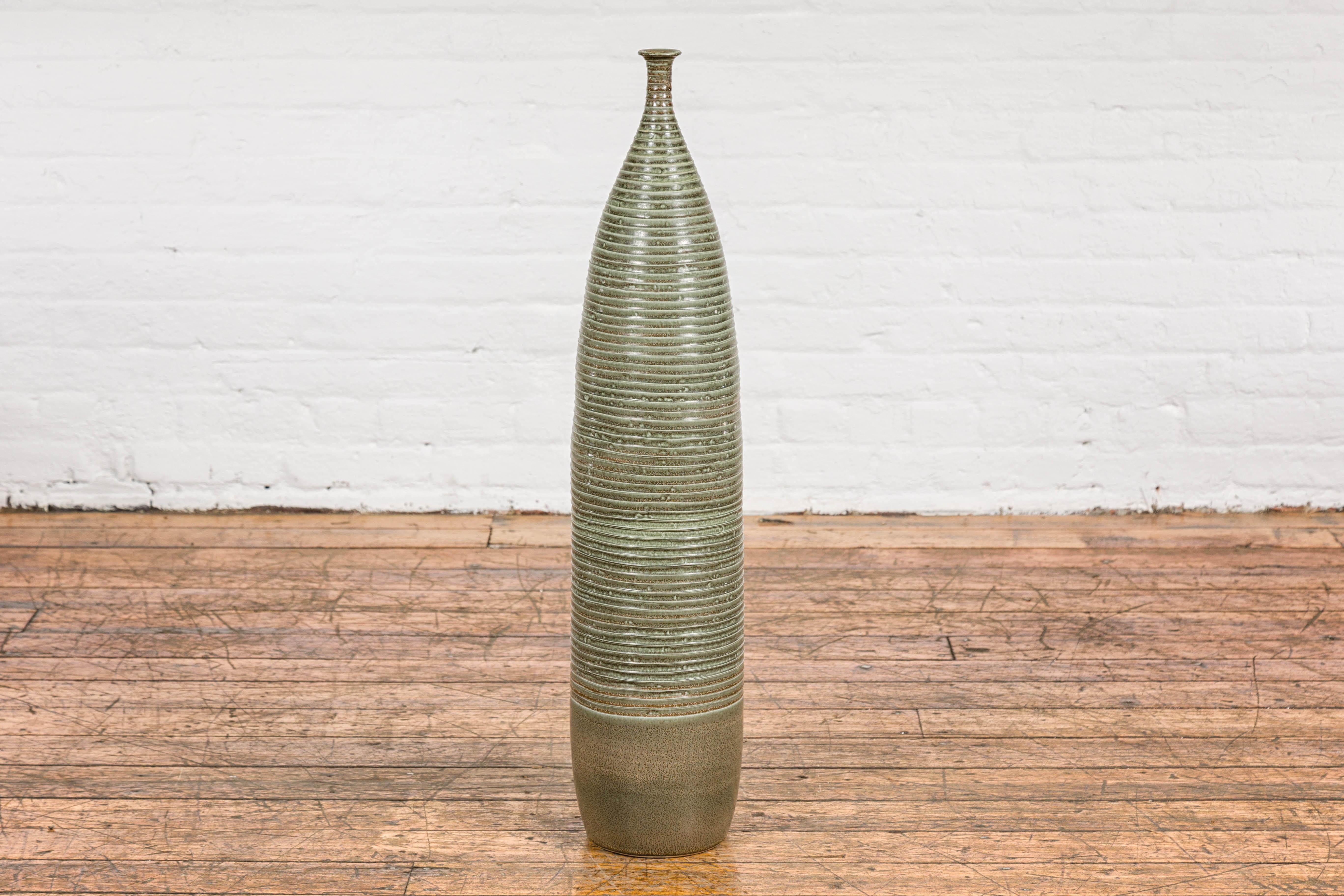 Tall and Slender Green Glazed Ceramic Vase with Reeded Design  In Good Condition For Sale In Yonkers, NY