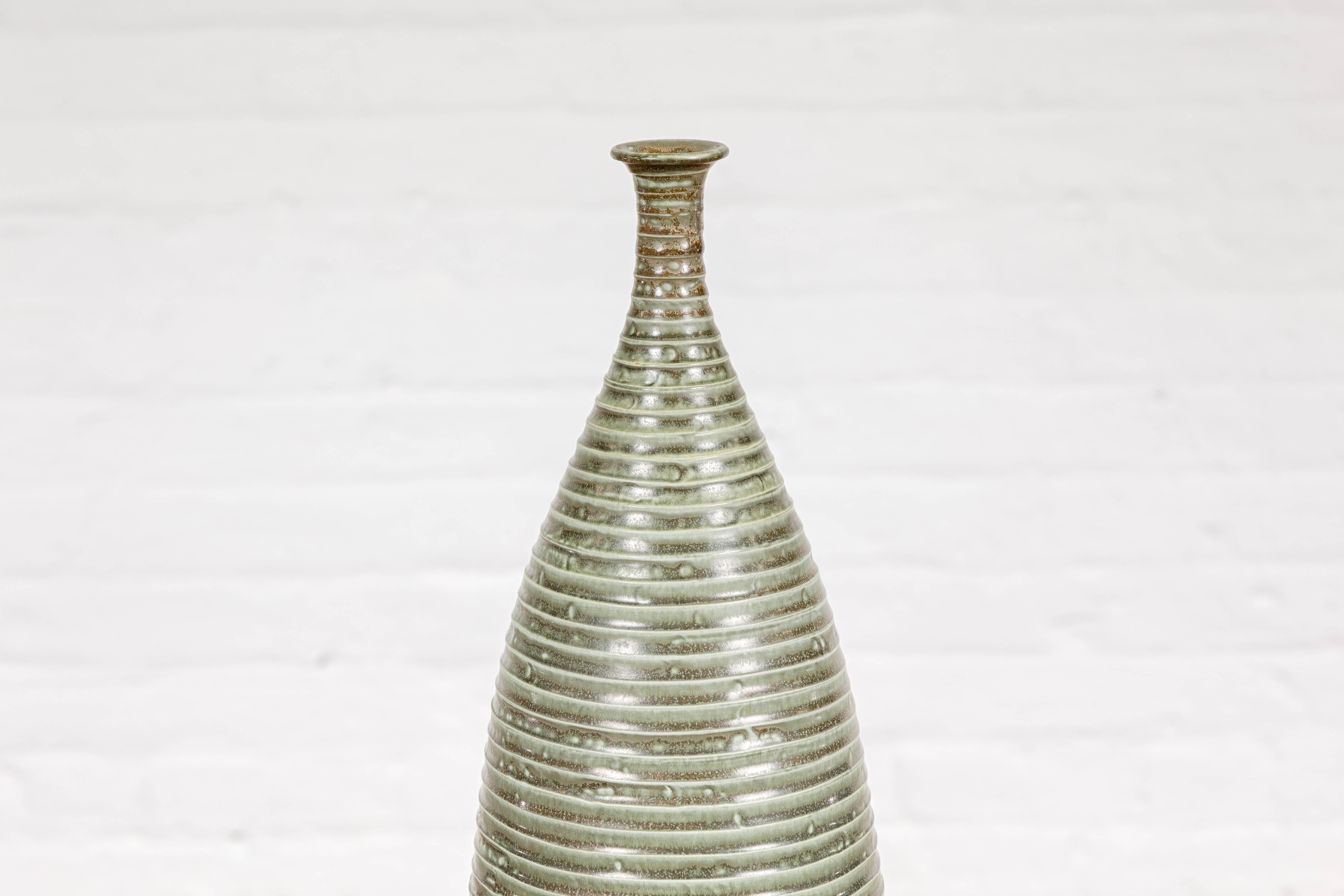 Contemporary Tall and Slender Green Glazed Ceramic Vase with Reeded Design  For Sale