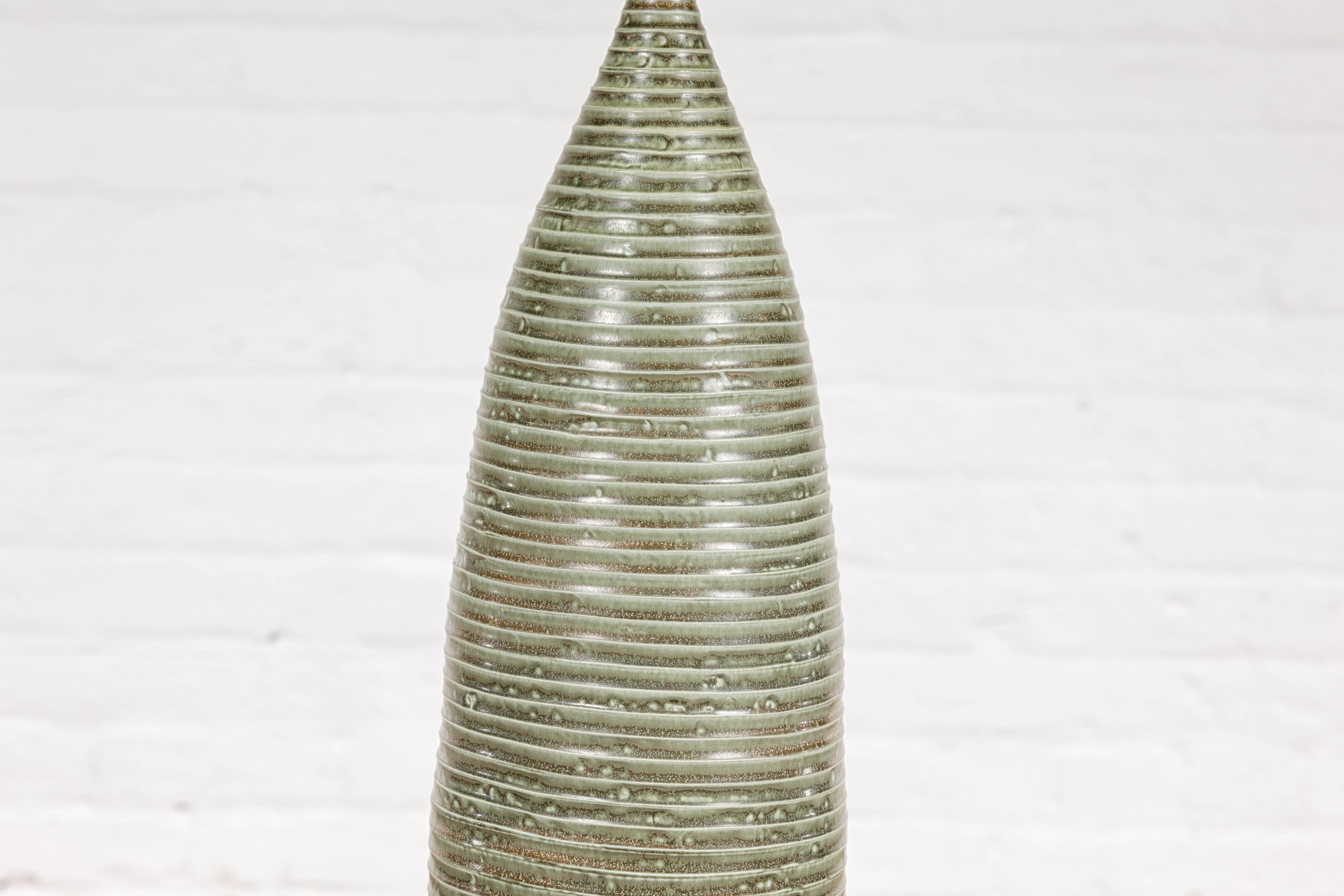 Tall and Slender Green Glazed Ceramic Vase with Reeded Design  For Sale 1