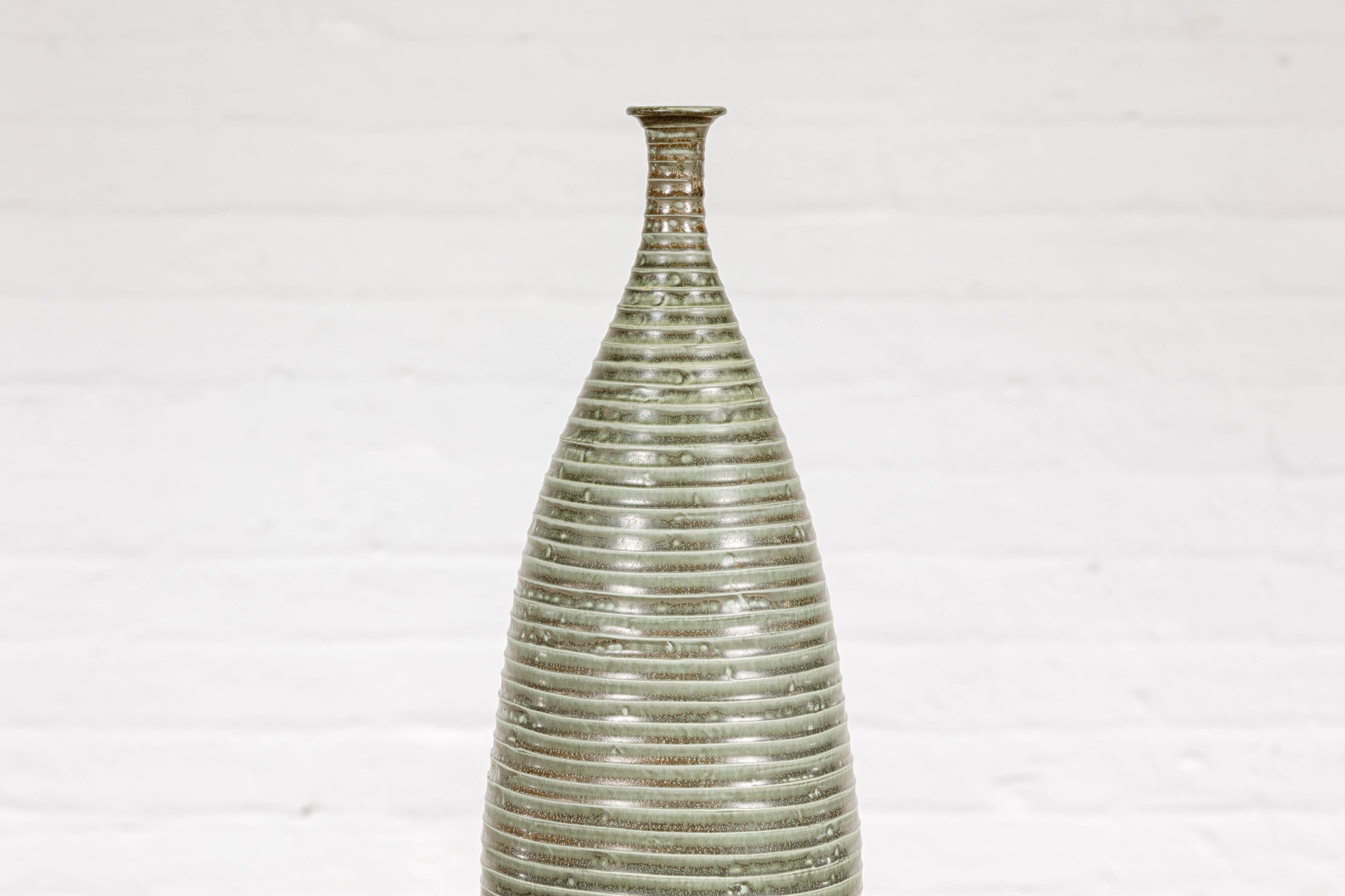 Tall and Slender Green Glazed Ceramic Vase with Reeded Design  For Sale 2