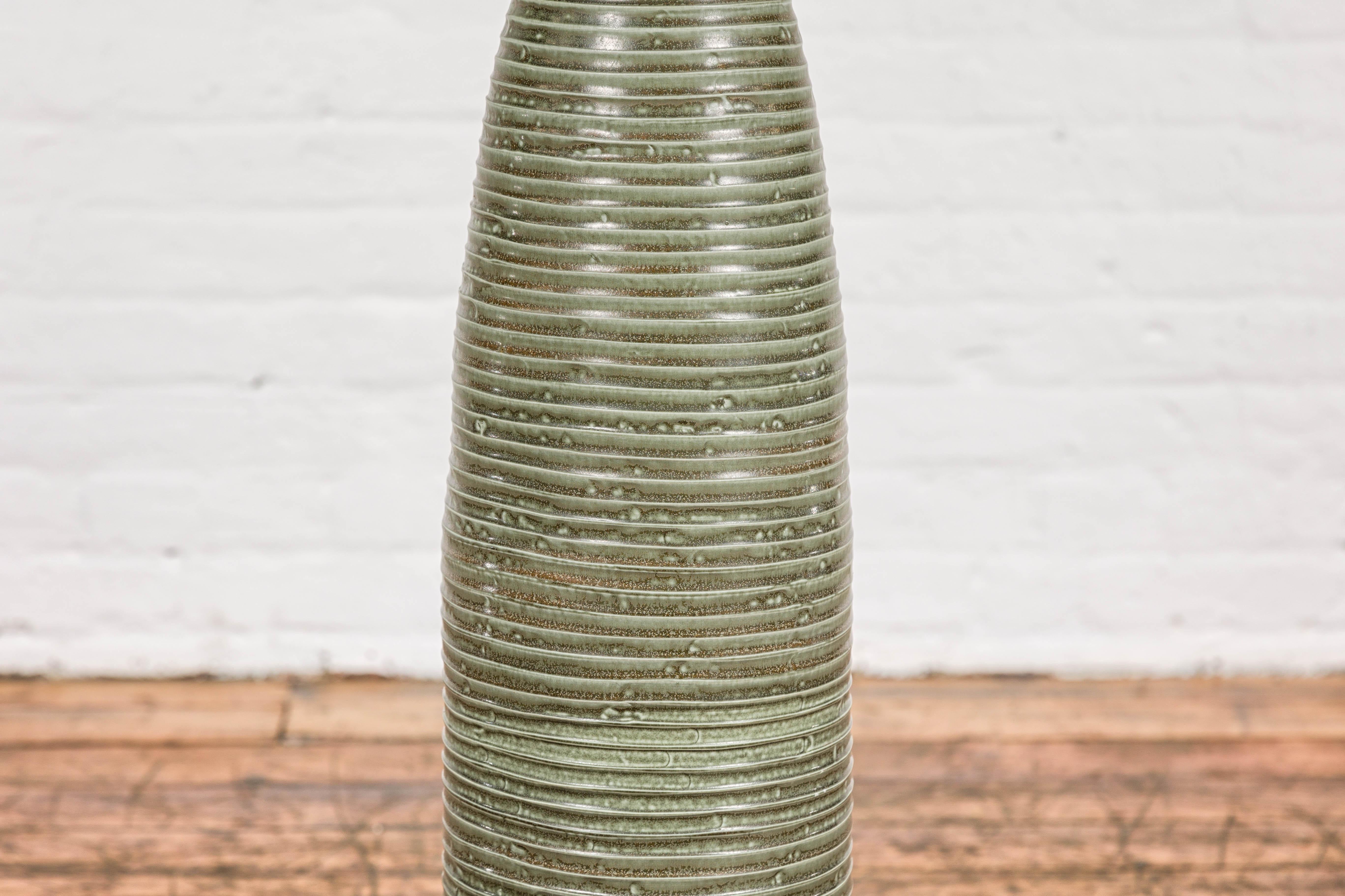 Tall and Slender Green Glazed Ceramic Vase with Reeded Design  For Sale 3