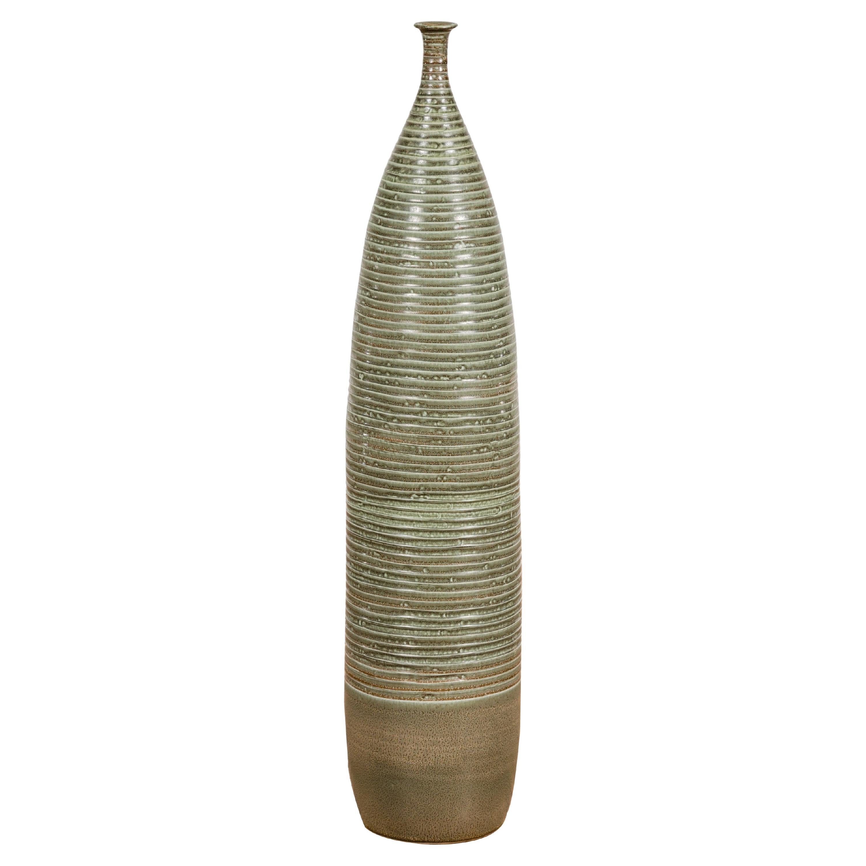 Tall and Slender Green Glazed Ceramic Vase with Reeded Design  For Sale