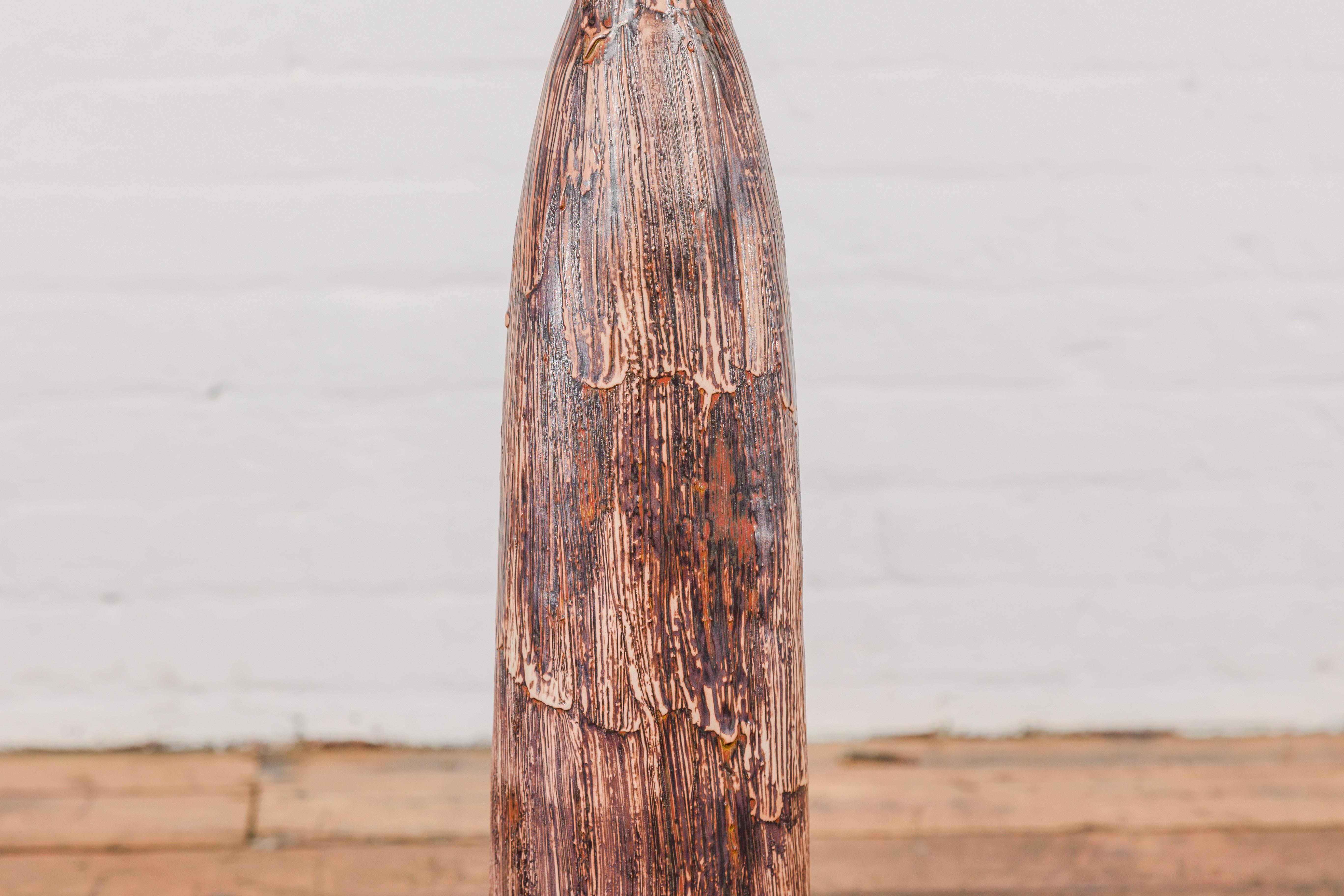 Tall and Slender Textured Brown Minimalist Ceramic Vase For Sale 6