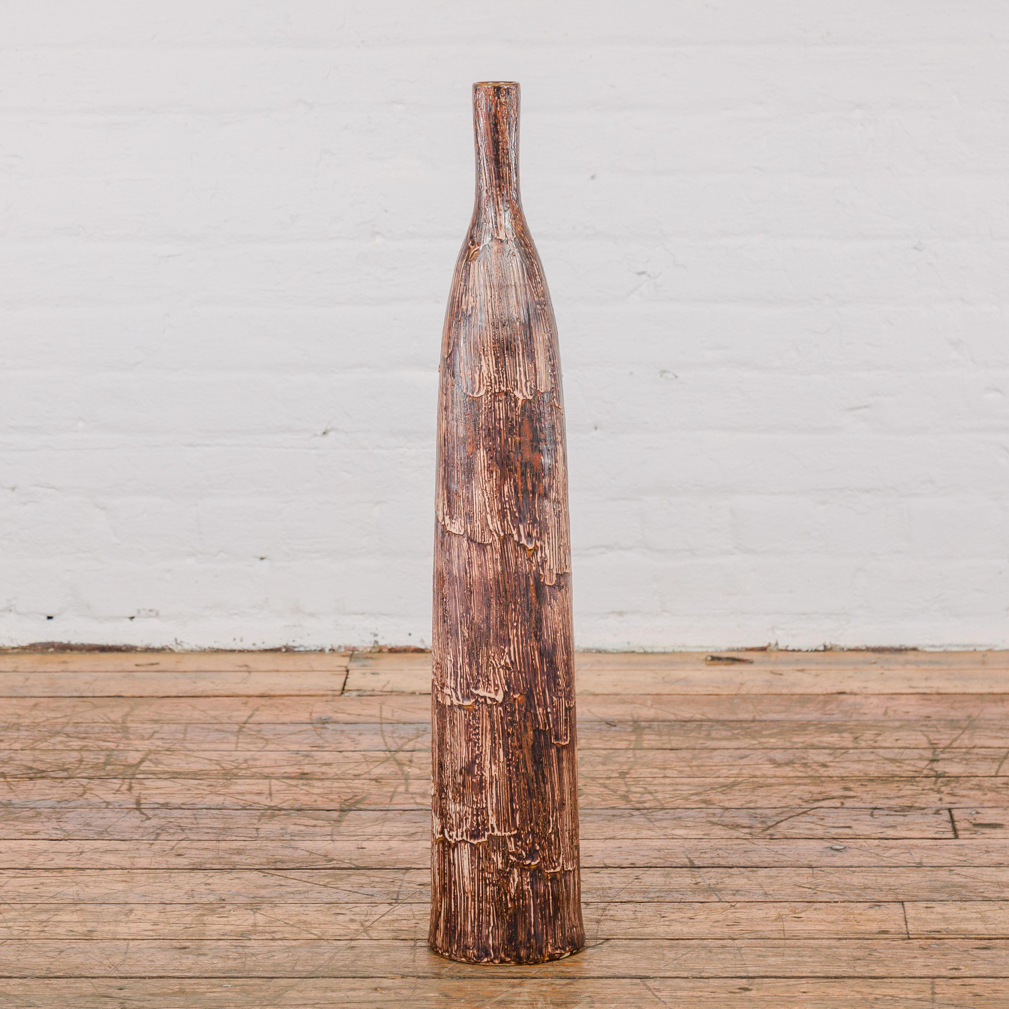 Tall and Slender Textured Brown Minimalist Ceramic Vase For Sale 8
