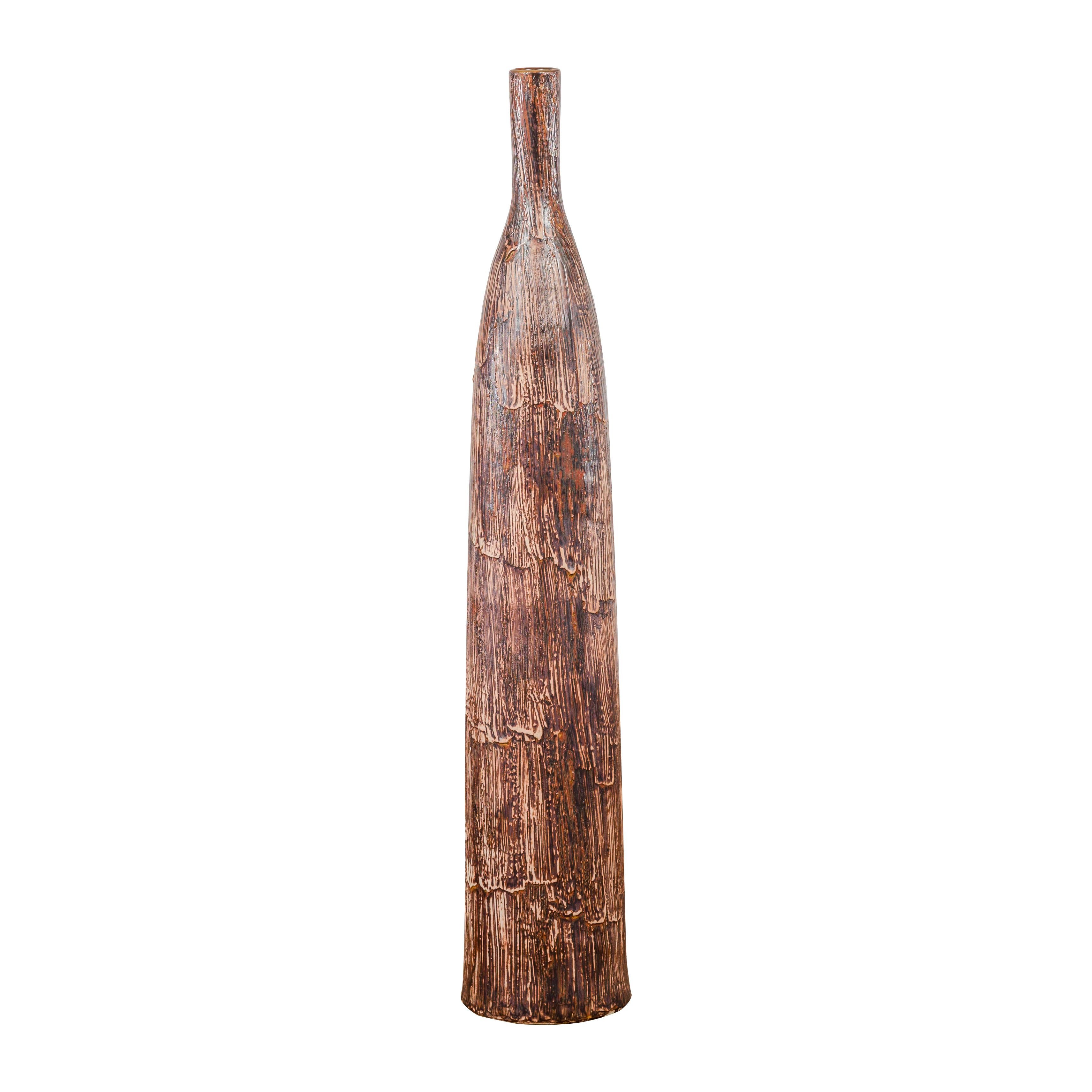 Tall and Slender Textured Brown Minimalist Ceramic Vase For Sale 9