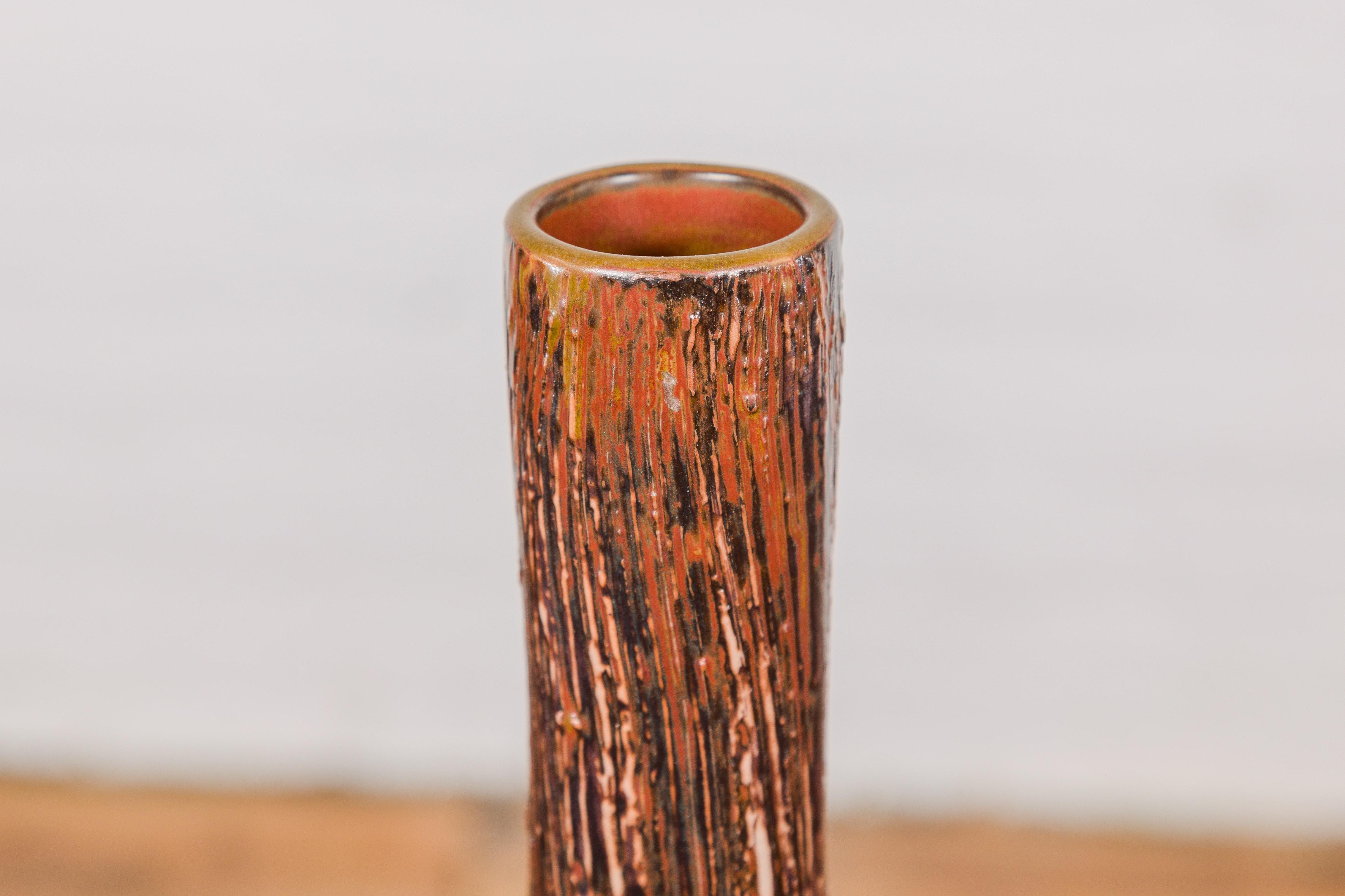 Glazed Tall and Slender Textured Brown Minimalist Ceramic Vase For Sale