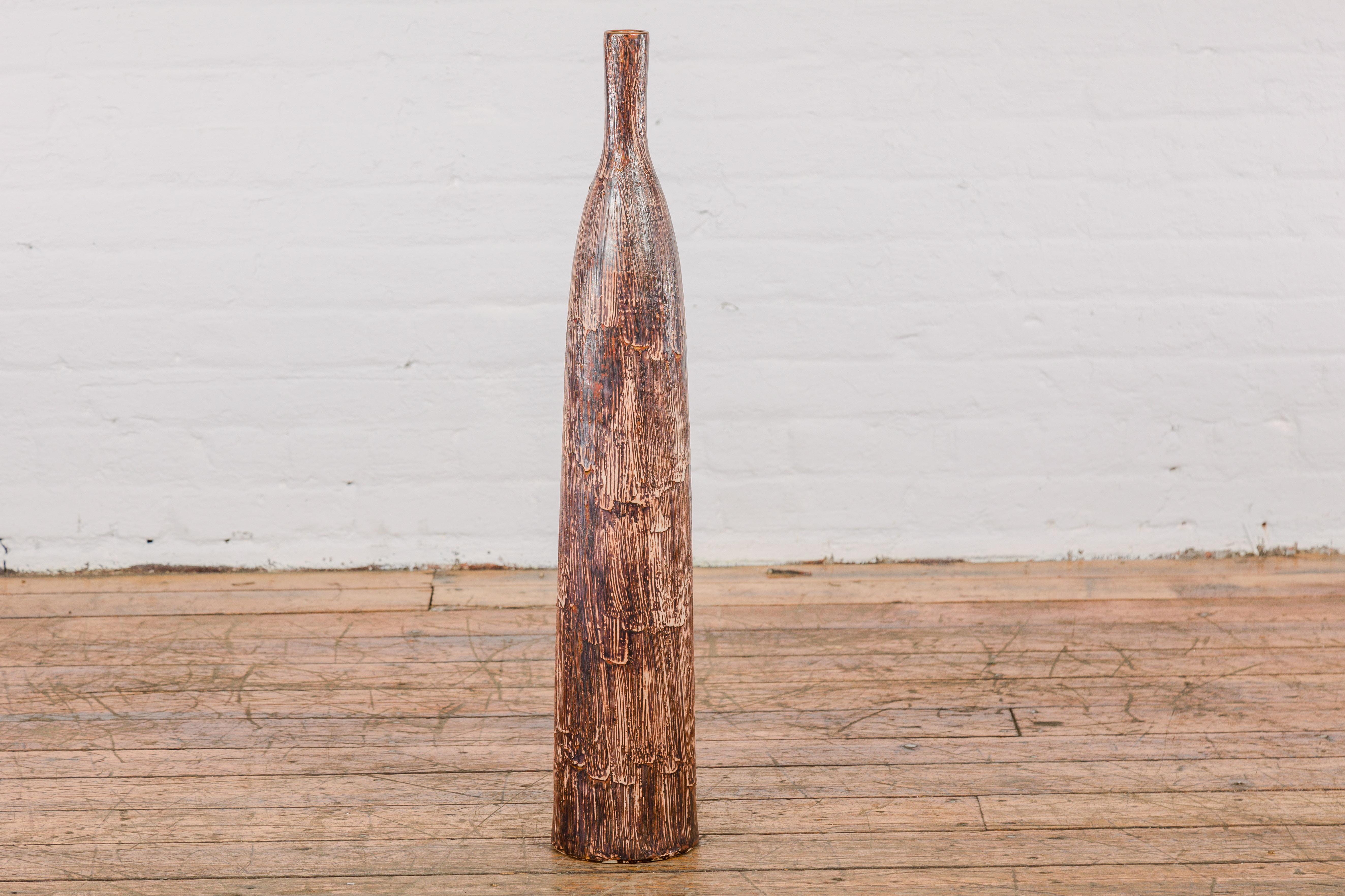 Contemporary Tall and Slender Textured Brown Minimalist Ceramic Vase For Sale