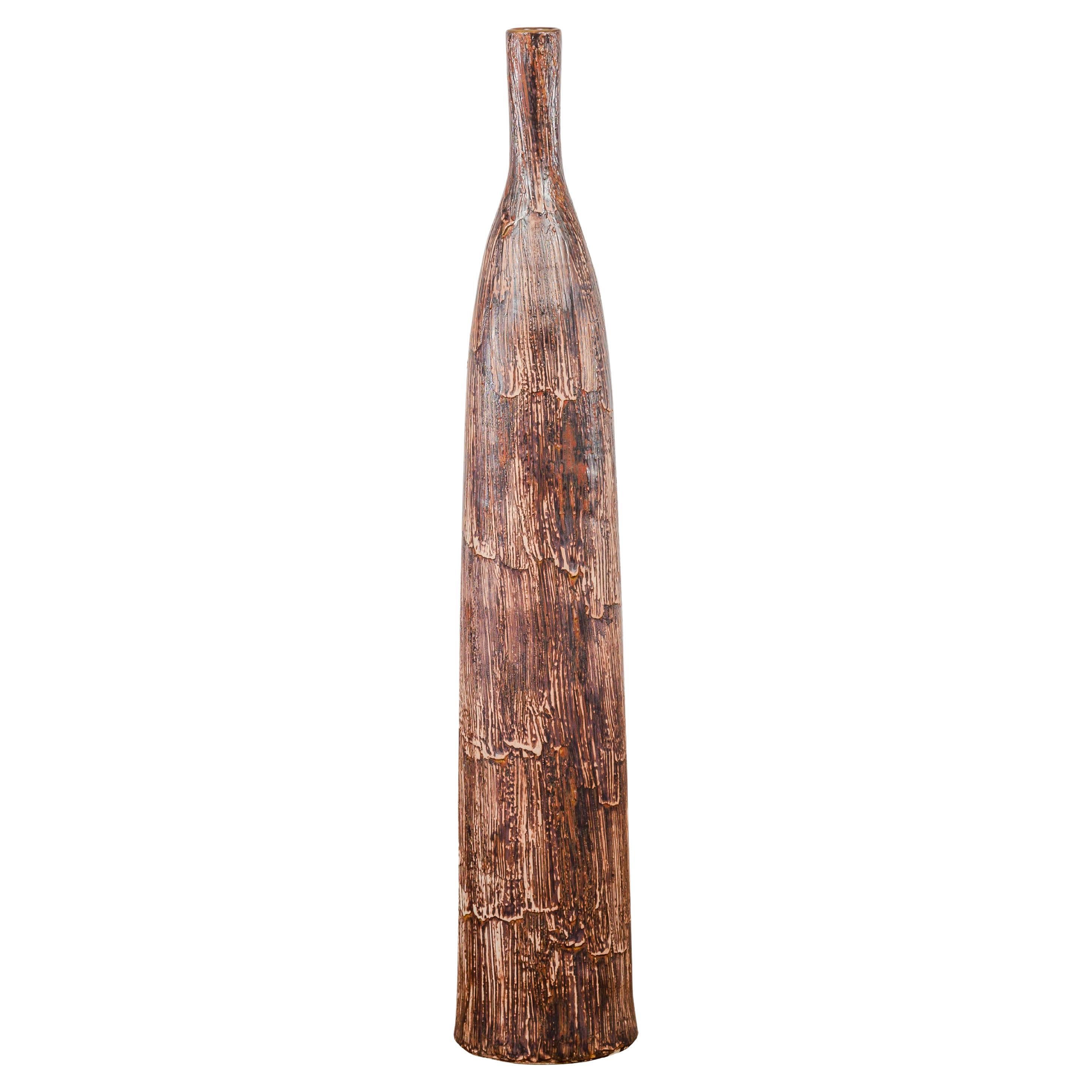 Tall and Slender Textured Brown Minimalist Ceramic Vase For Sale